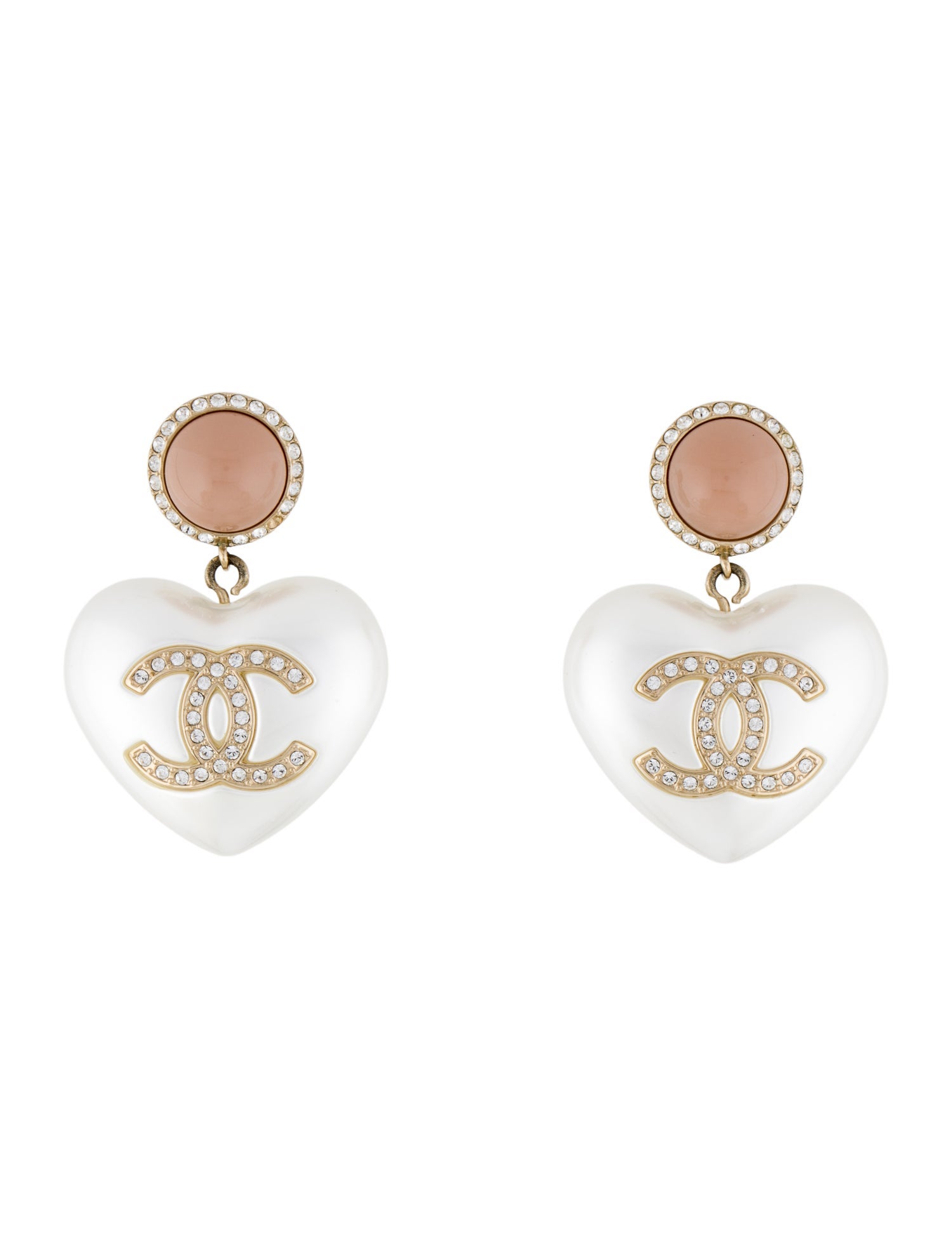 Chanel 2021 Faux Pearl, Strass & Resin CC Heart Drop Earrings