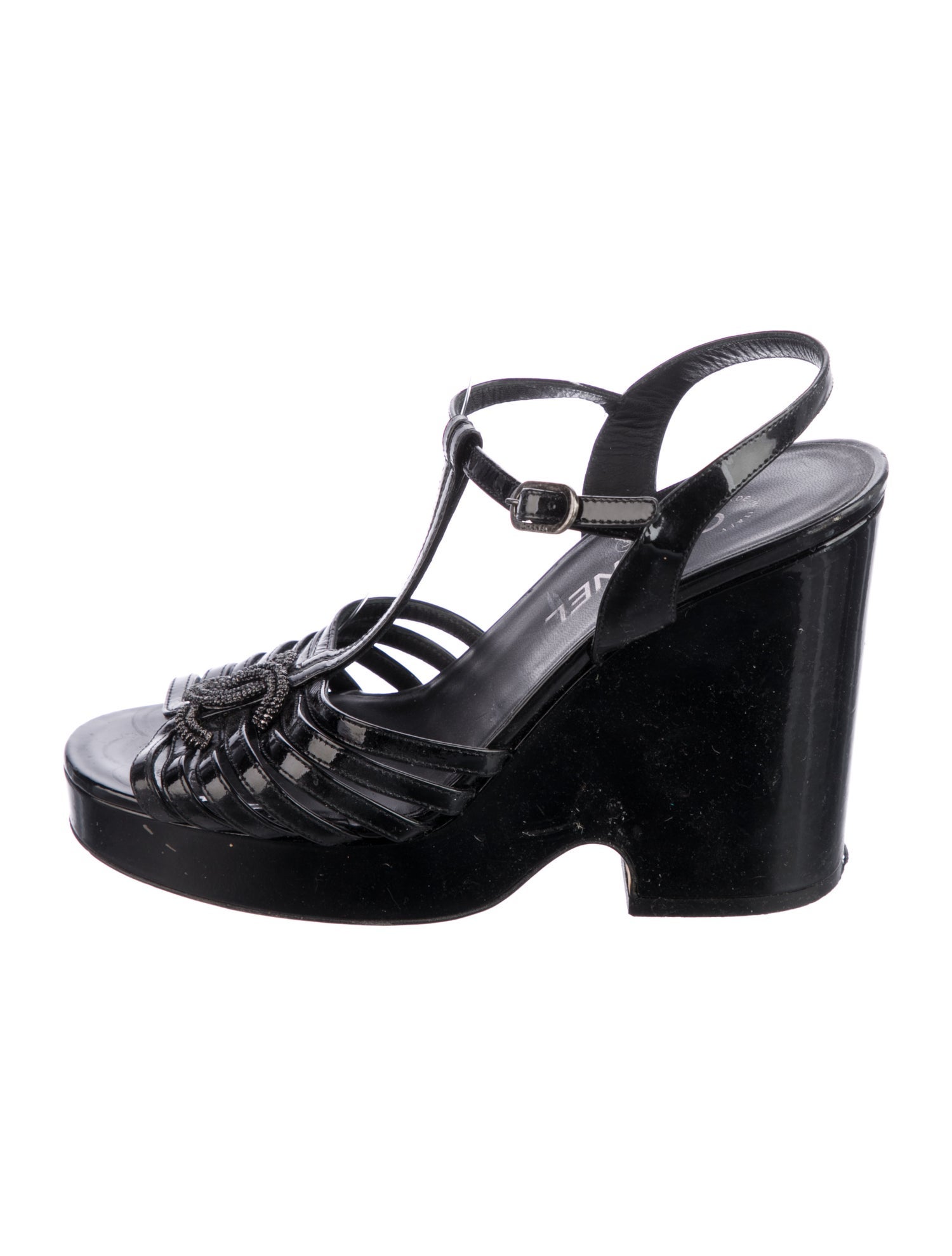 Chanel Interlocking CC Logo Patent Leather T-Strap Sandals