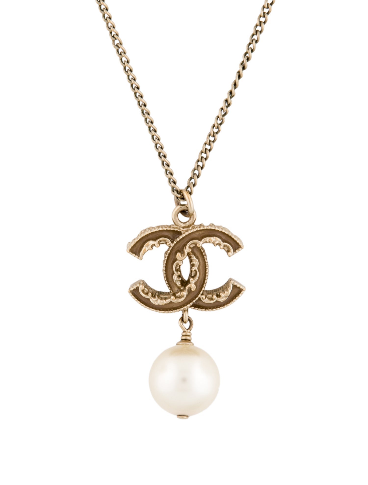 Chanel Faux Pearl & Enamel CC Pendant Necklace