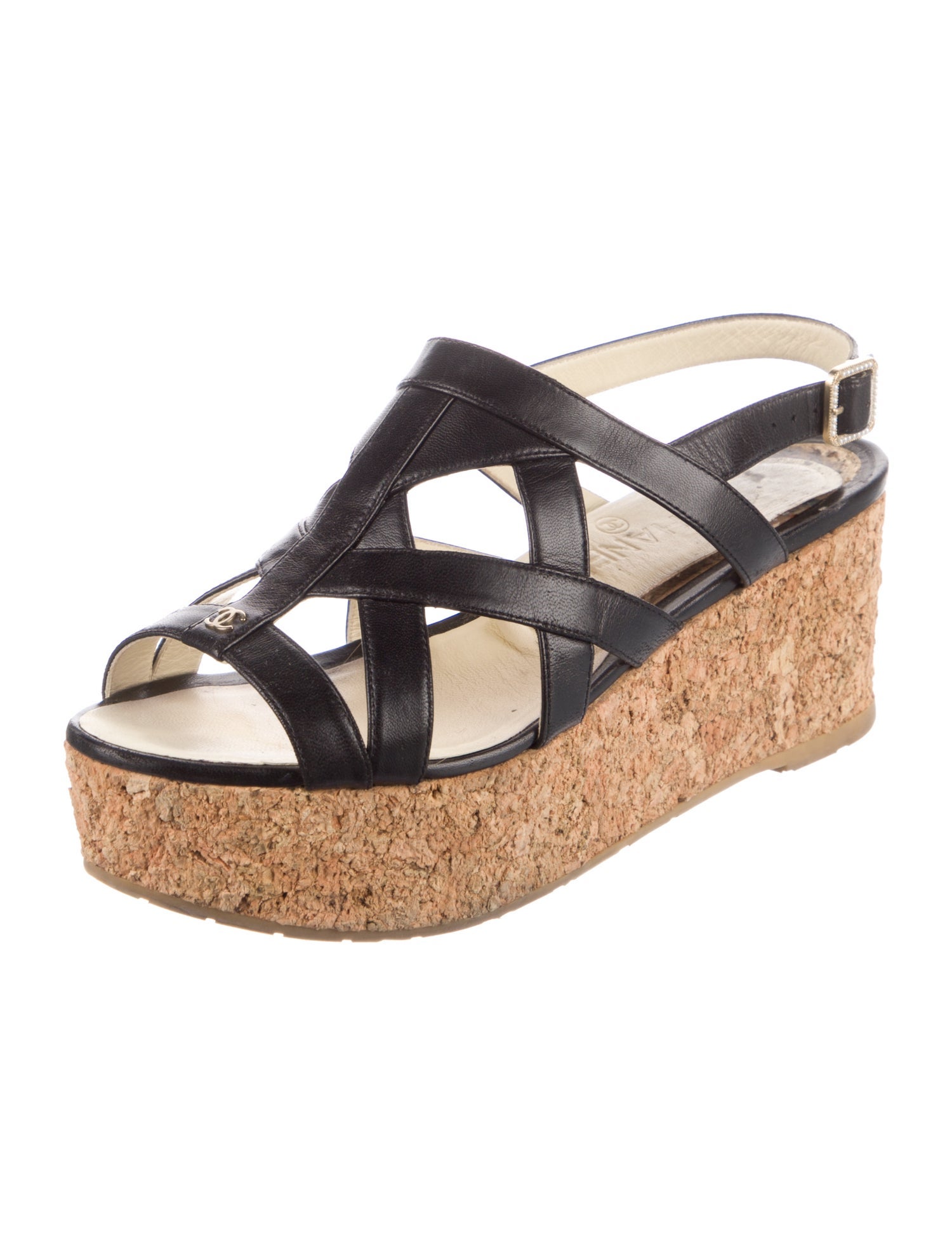 Chanel Interlocking CC Logo Leather Slingback Sandals