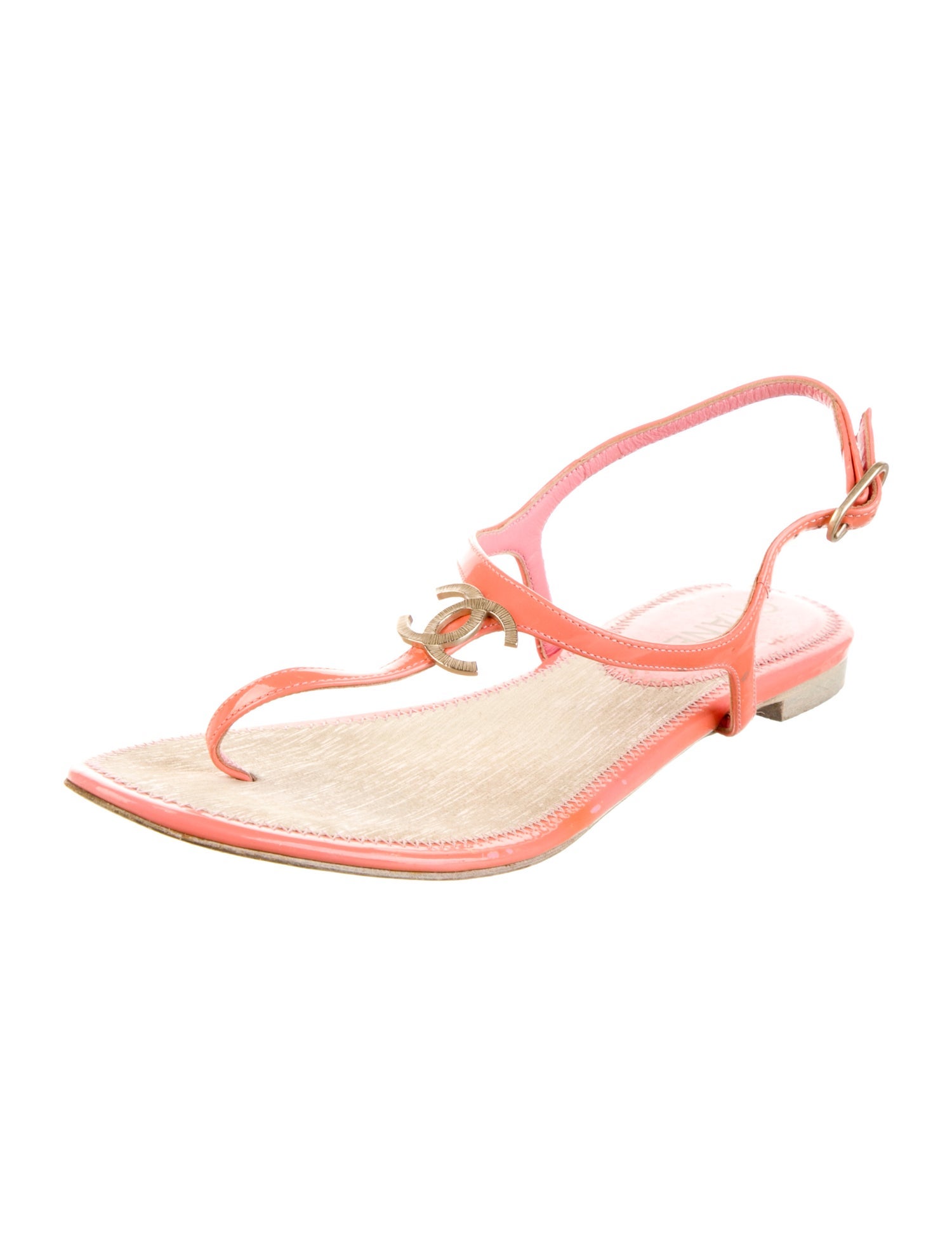 Chanel Interlocking CC Logo Patent Leather T-Strap Sandals