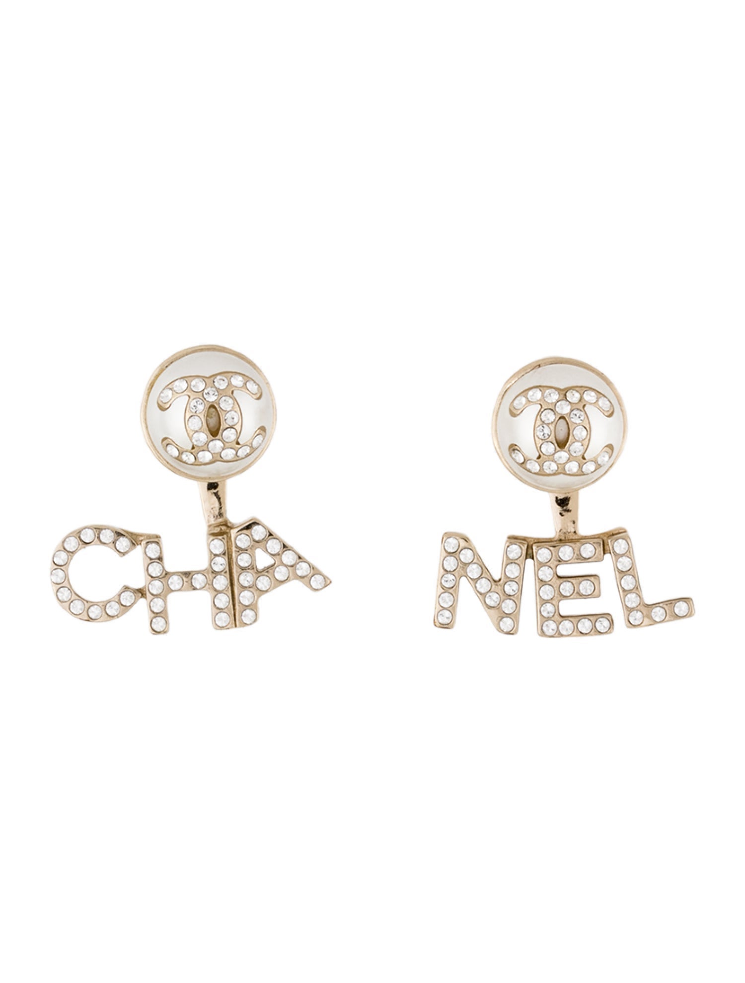 Chanel 2021 Faux Pearl & Strass 'CHA-NEL' Jacket Stud Earrings