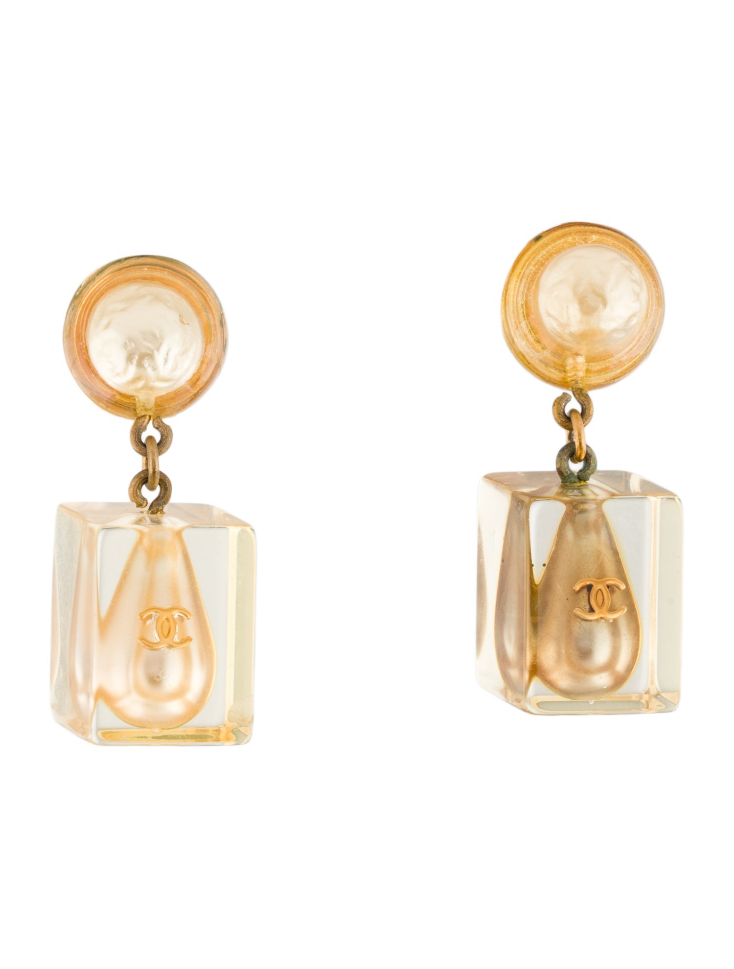 Chanel Vintage Faux Pearl & Resin Ice Cube Clip-On Drop Earrings