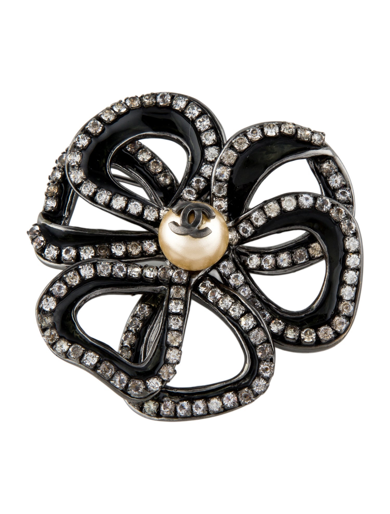 Chanel Vintage Faux Pearl, Strass & Enamel CC Camellia Brooch