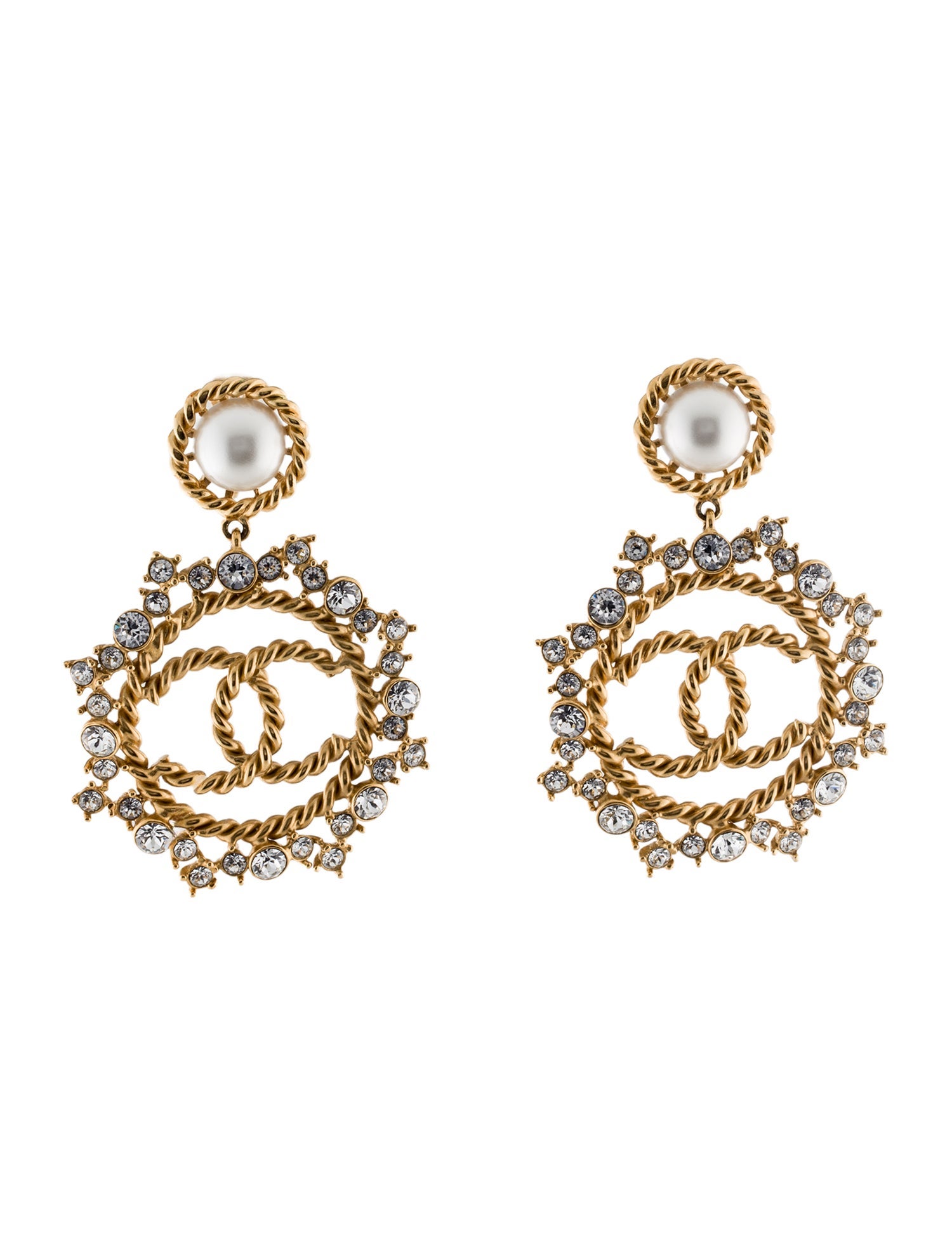 Chanel 2020 Faux Pearl & Strass CC Drop Clip-On Earrings