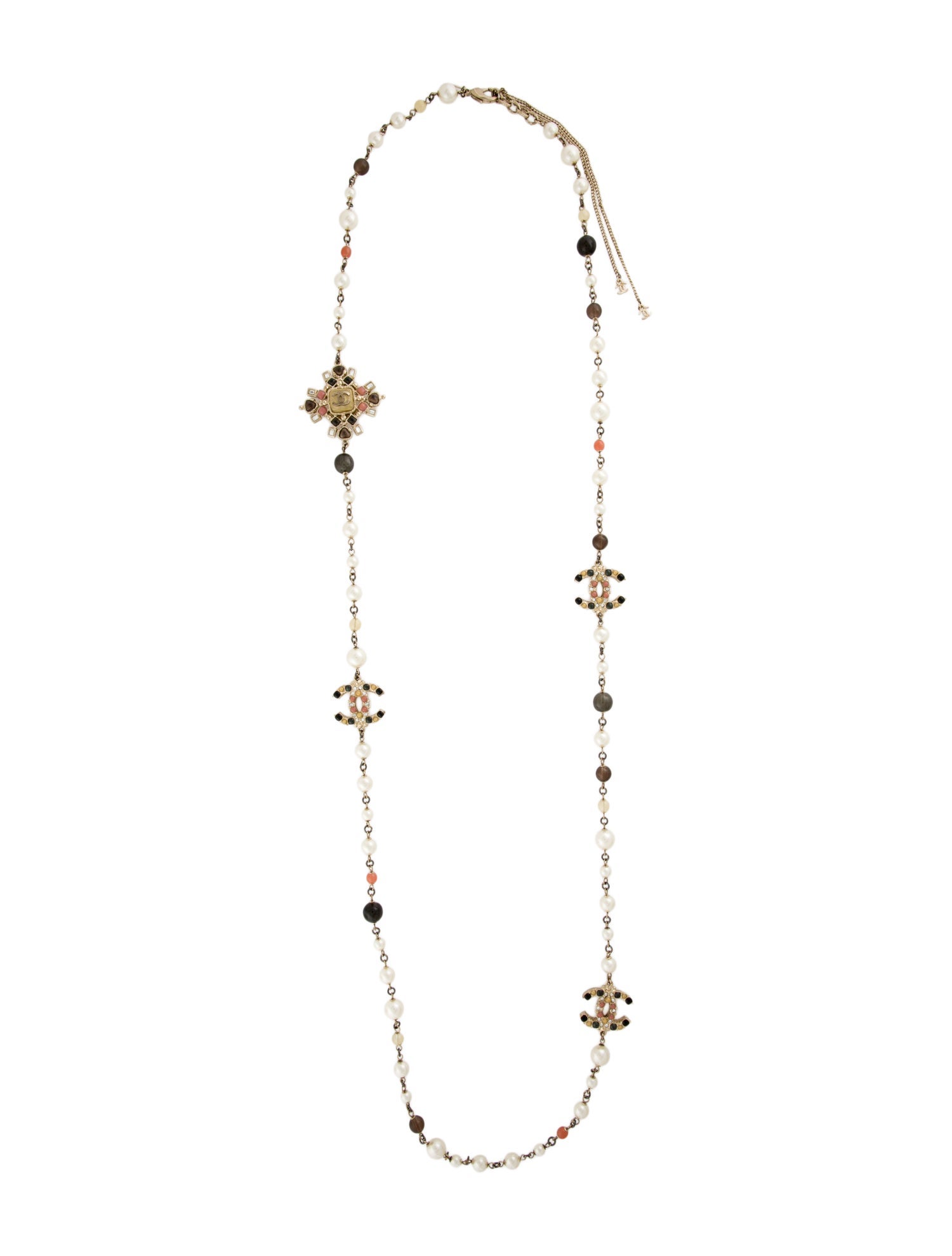 Chanel Faux Pearl, Resin & Strass CC Bead Sation Necklace