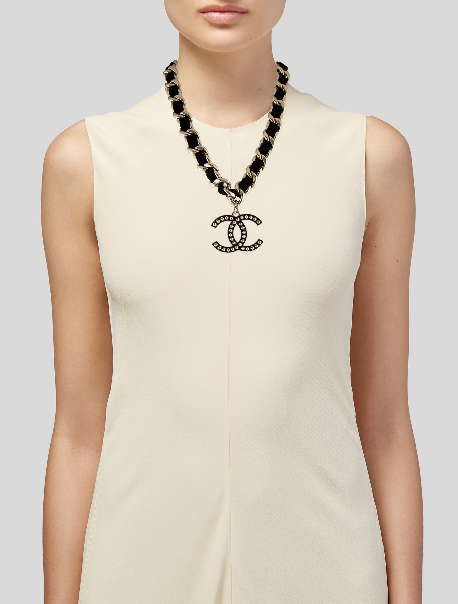 Chanel Woven Fabric & Enamel Studded CC Pendant Necklace