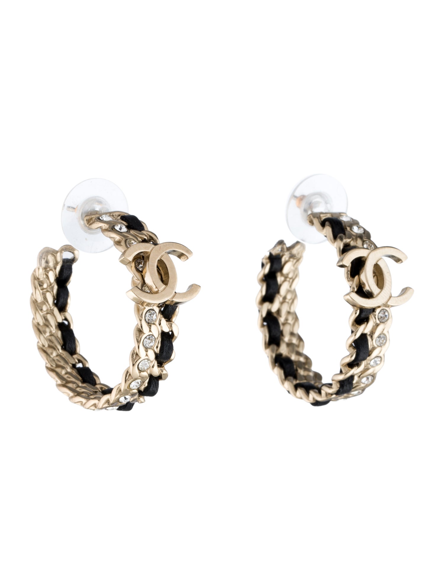 Chanel Leather & Strass CC Logo Hoop Earrings