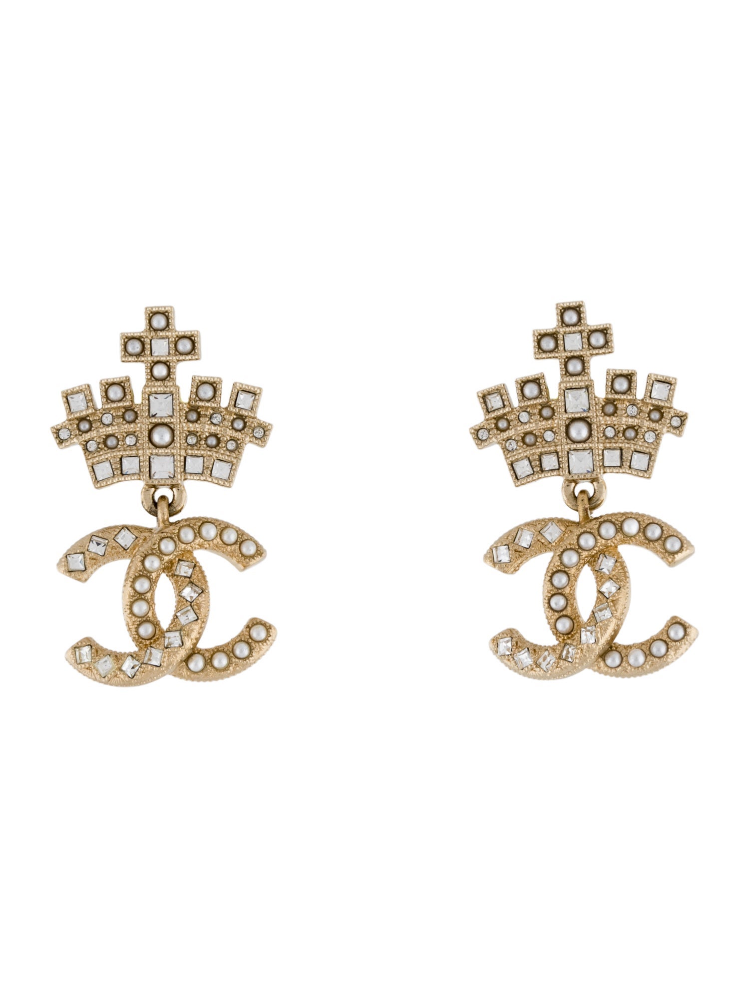 Chanel Faux Pearl & Strass Crown CC Drop Earrings
