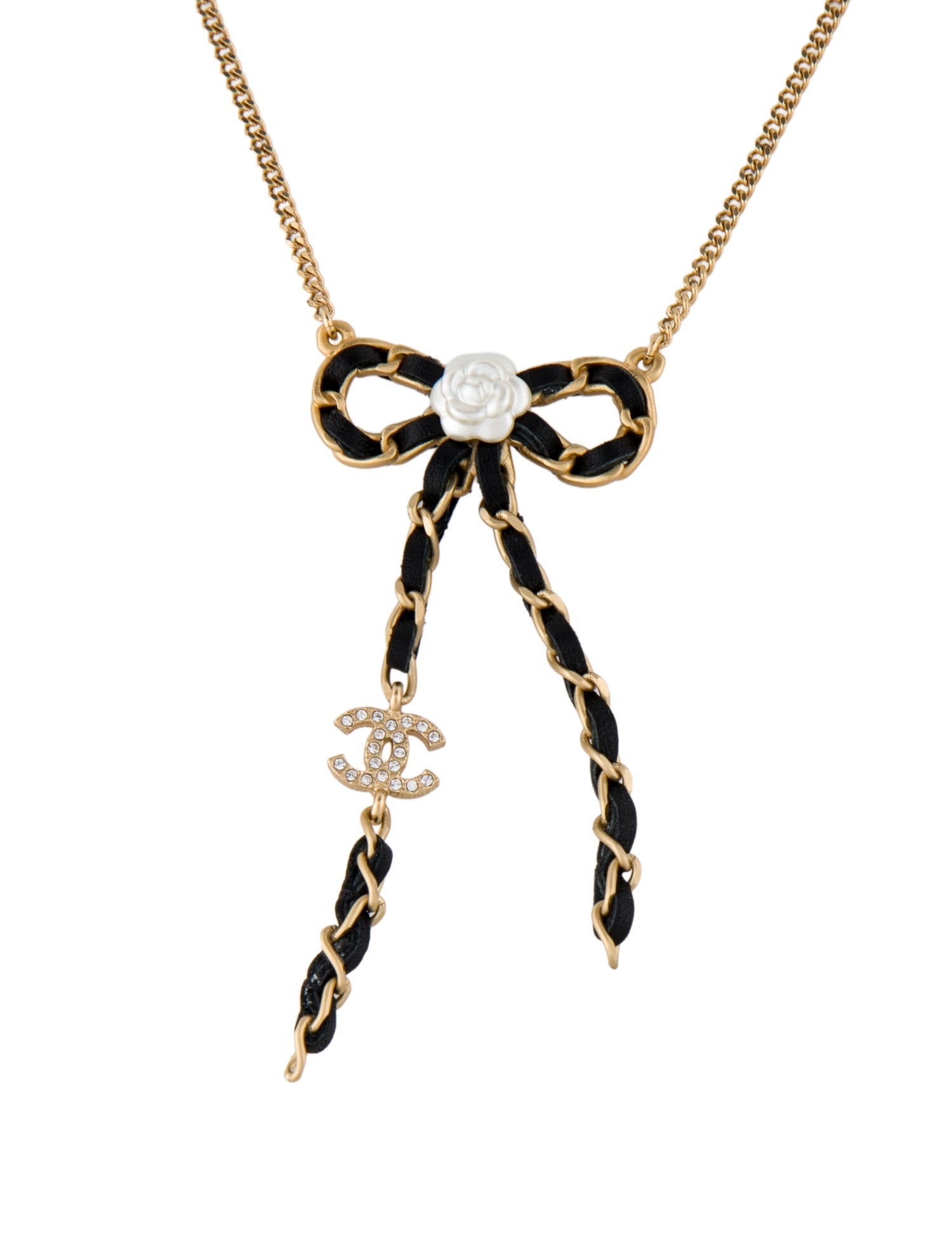 Chanel 2020 Leather & Strass Bow Pendant Necklace