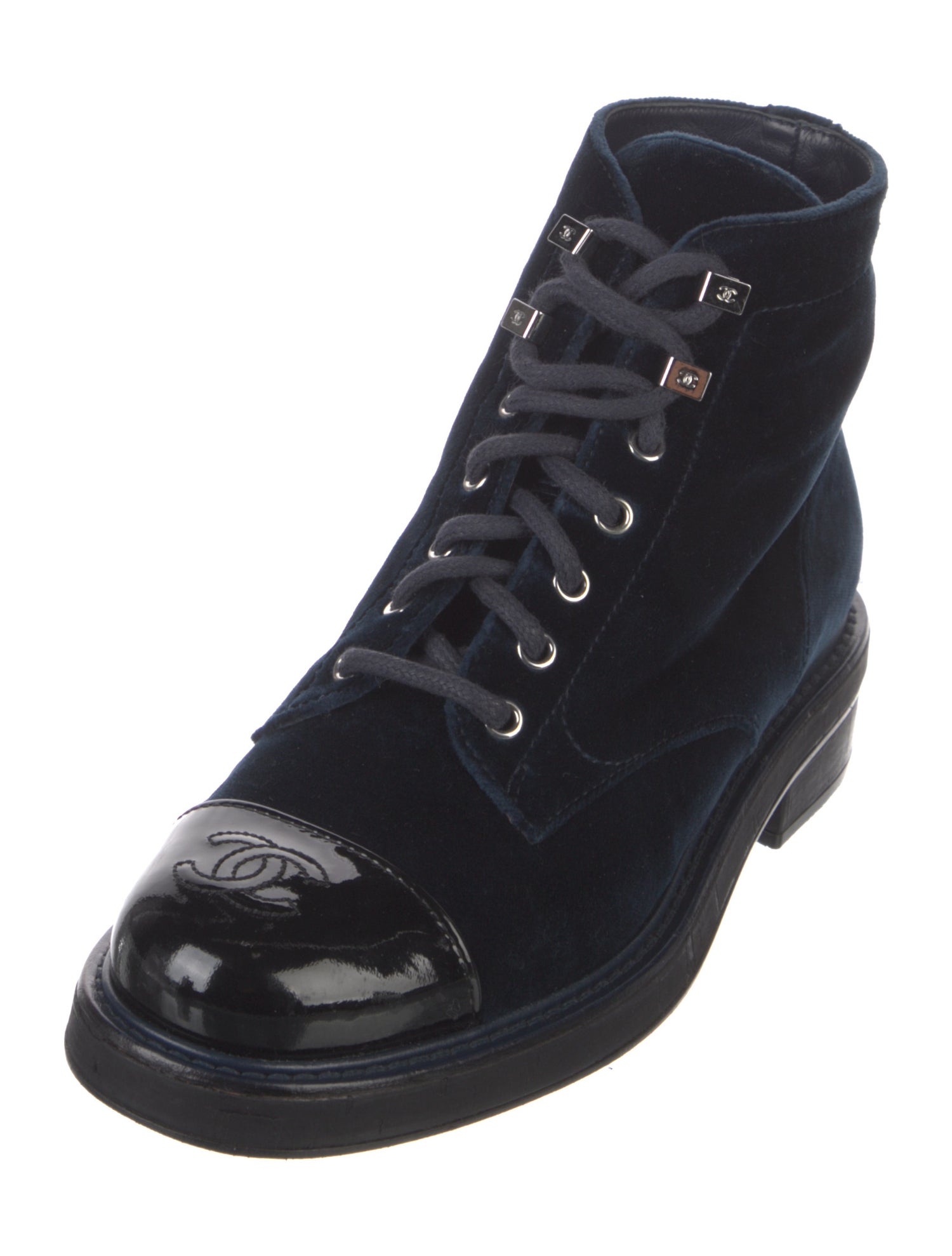 Chanel Interlocking CC Logo Velvet Combat Boots