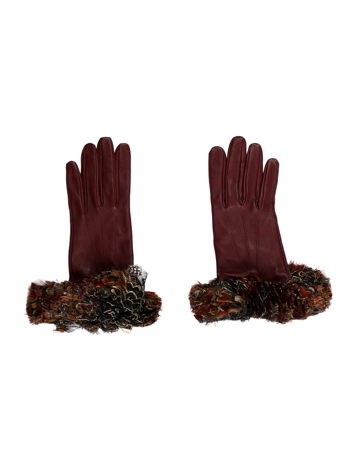 Chanel Feather-Trimmed Leather Gloves