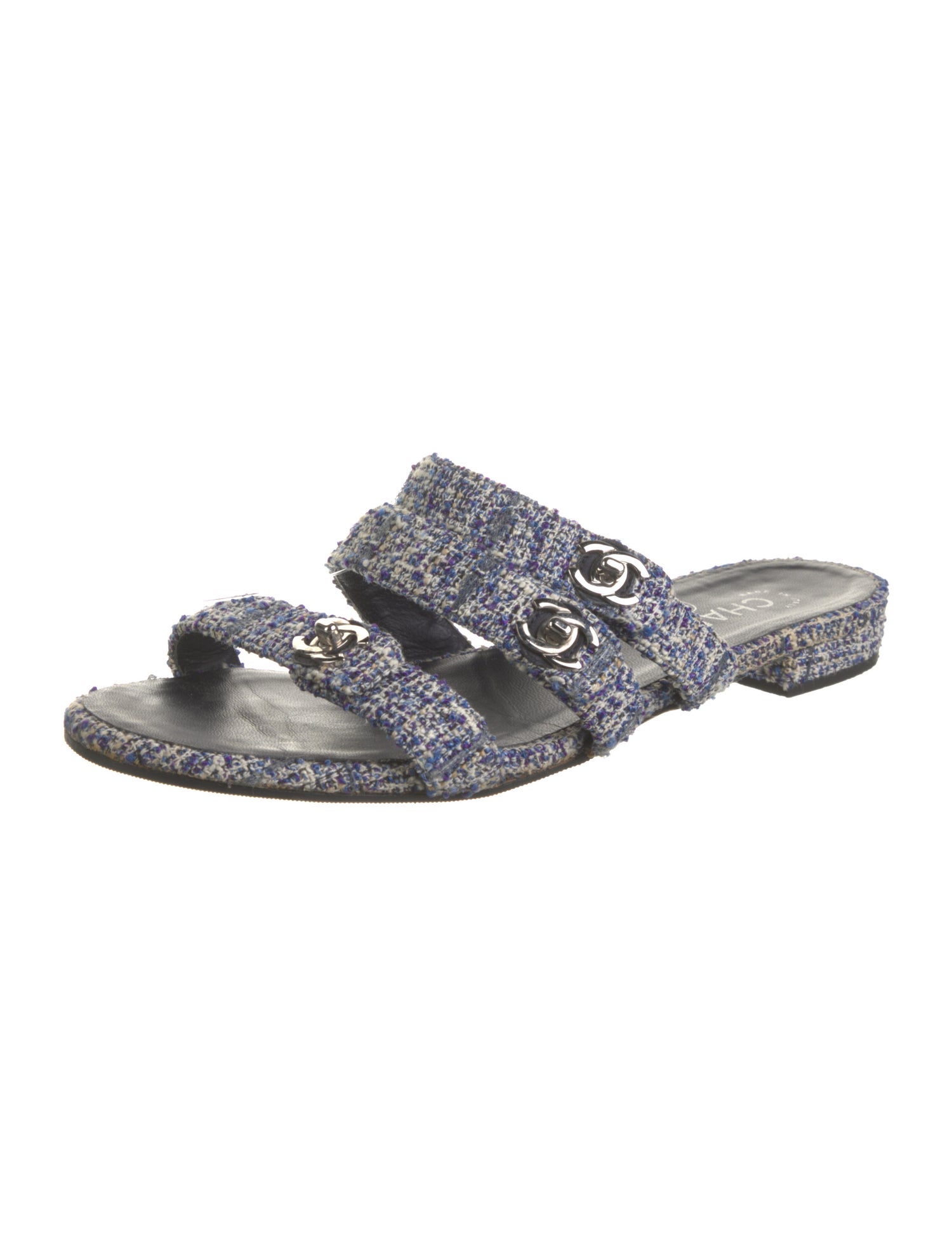 Chanel Interlocking CC Logo Tweed Slides