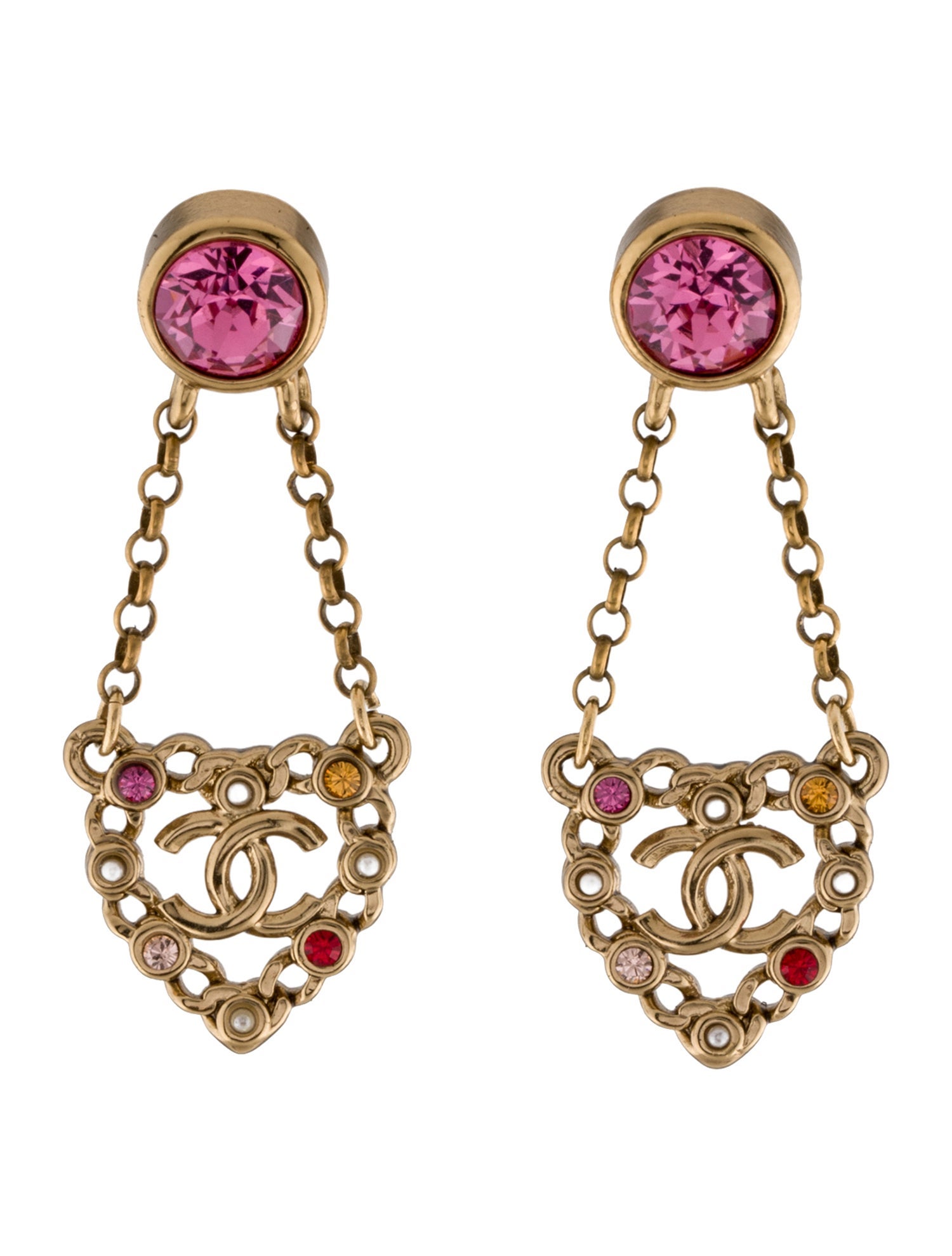 Chanel 2021 Faux Pearl & Strass Heart CC Drop Earrings