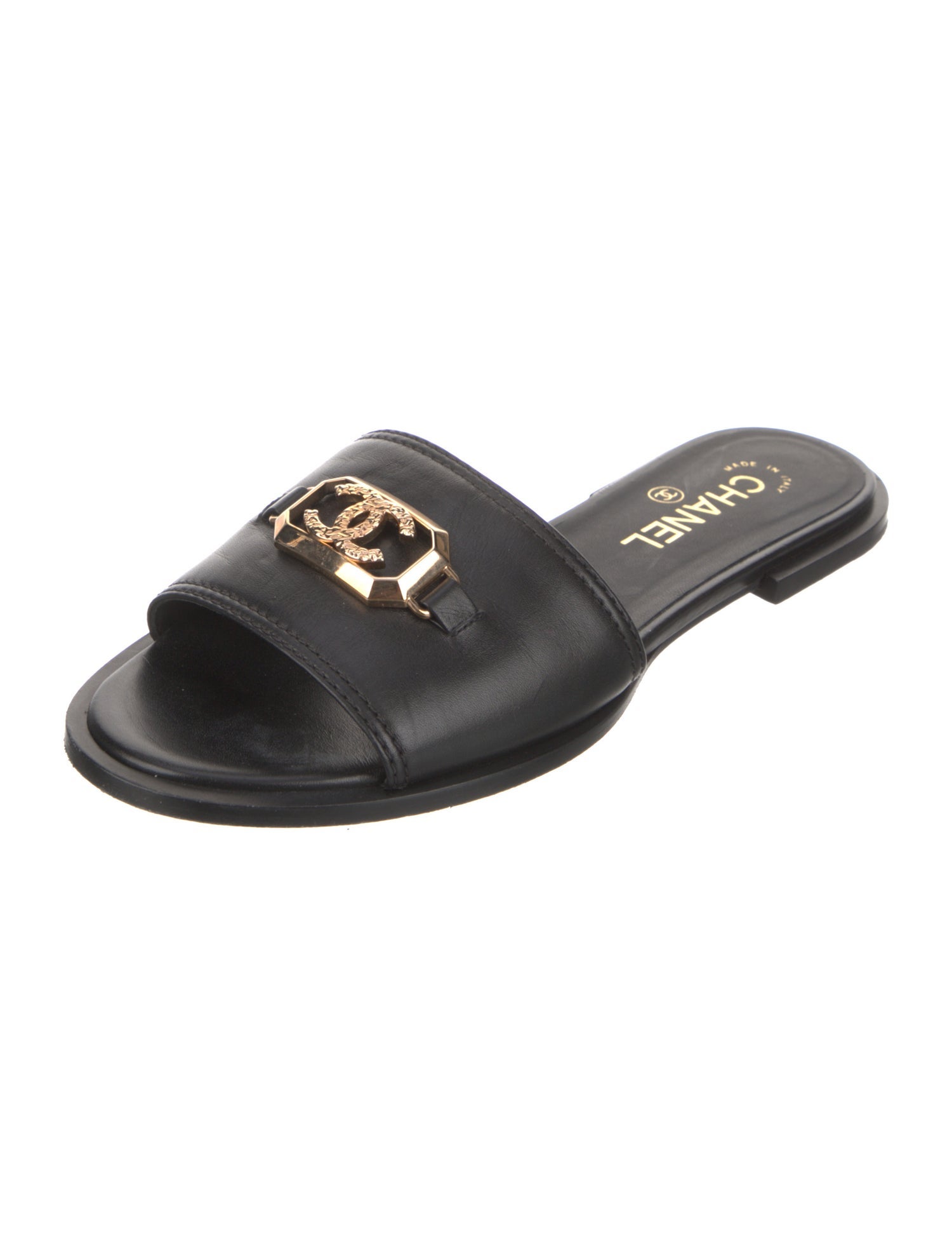 Chanel Interlocking CC Logo Leather Slides