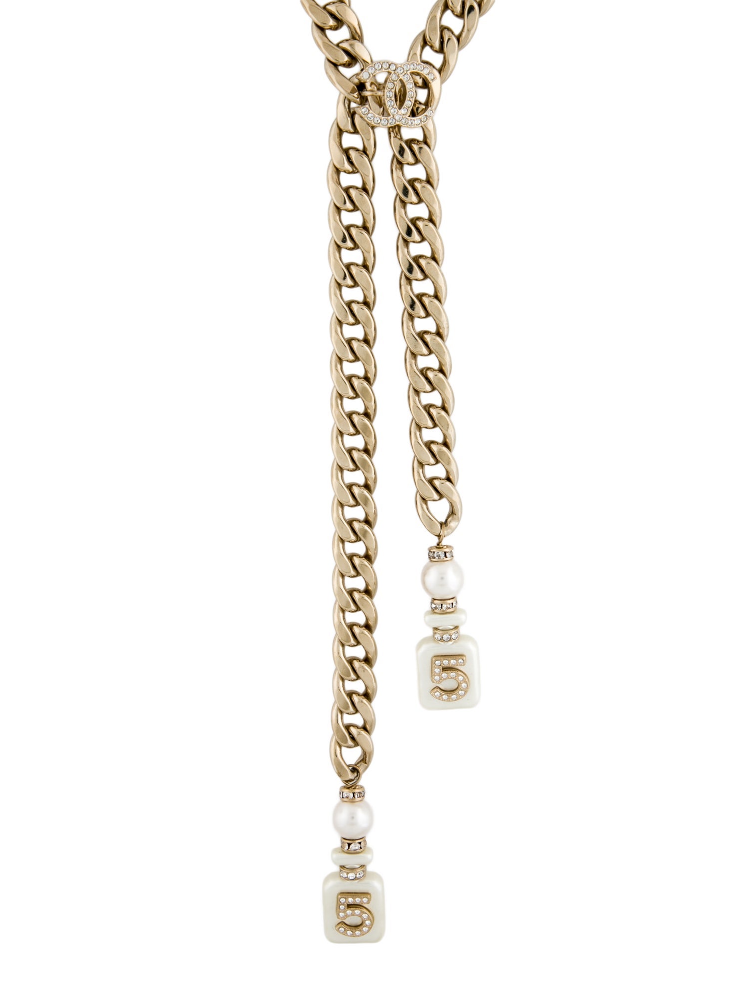 Chanel 2022 Faux Pearl & Strass No 5 Lariat Necklace