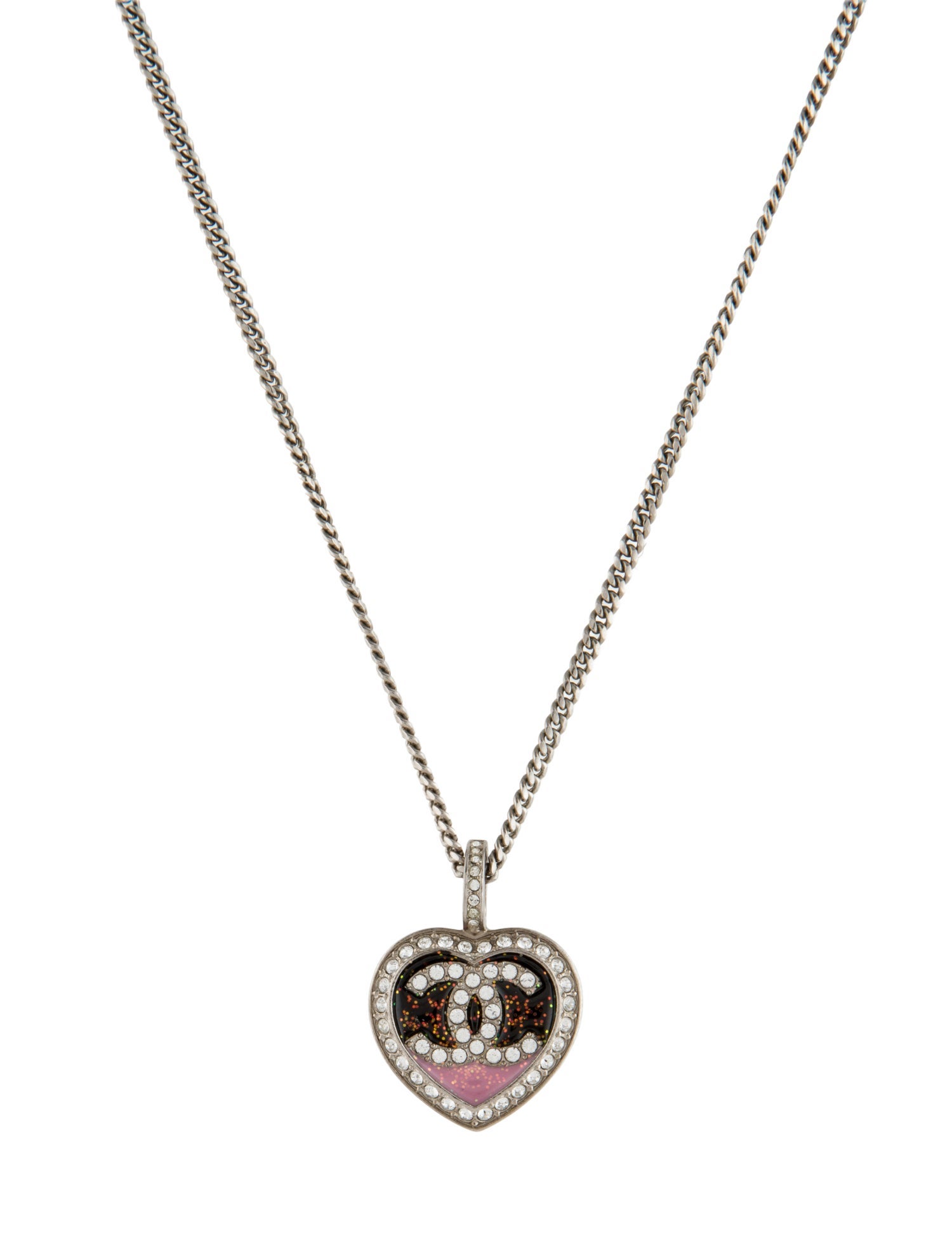 Chanel 2023 Resin Glitter & Strass CC Heart Pendant Necklace