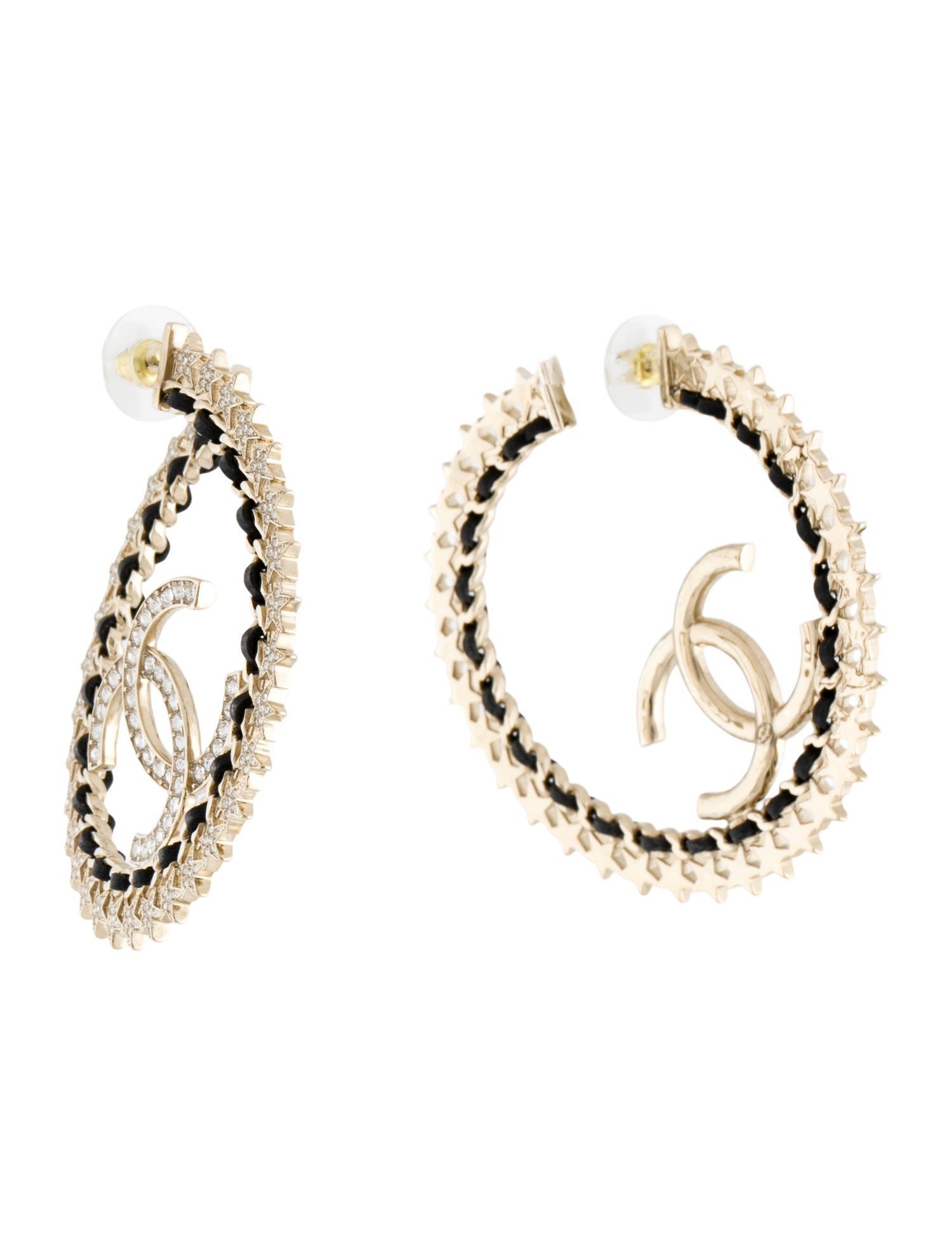 Chanel 2023 Strass & Leather CC Hoop Earrings