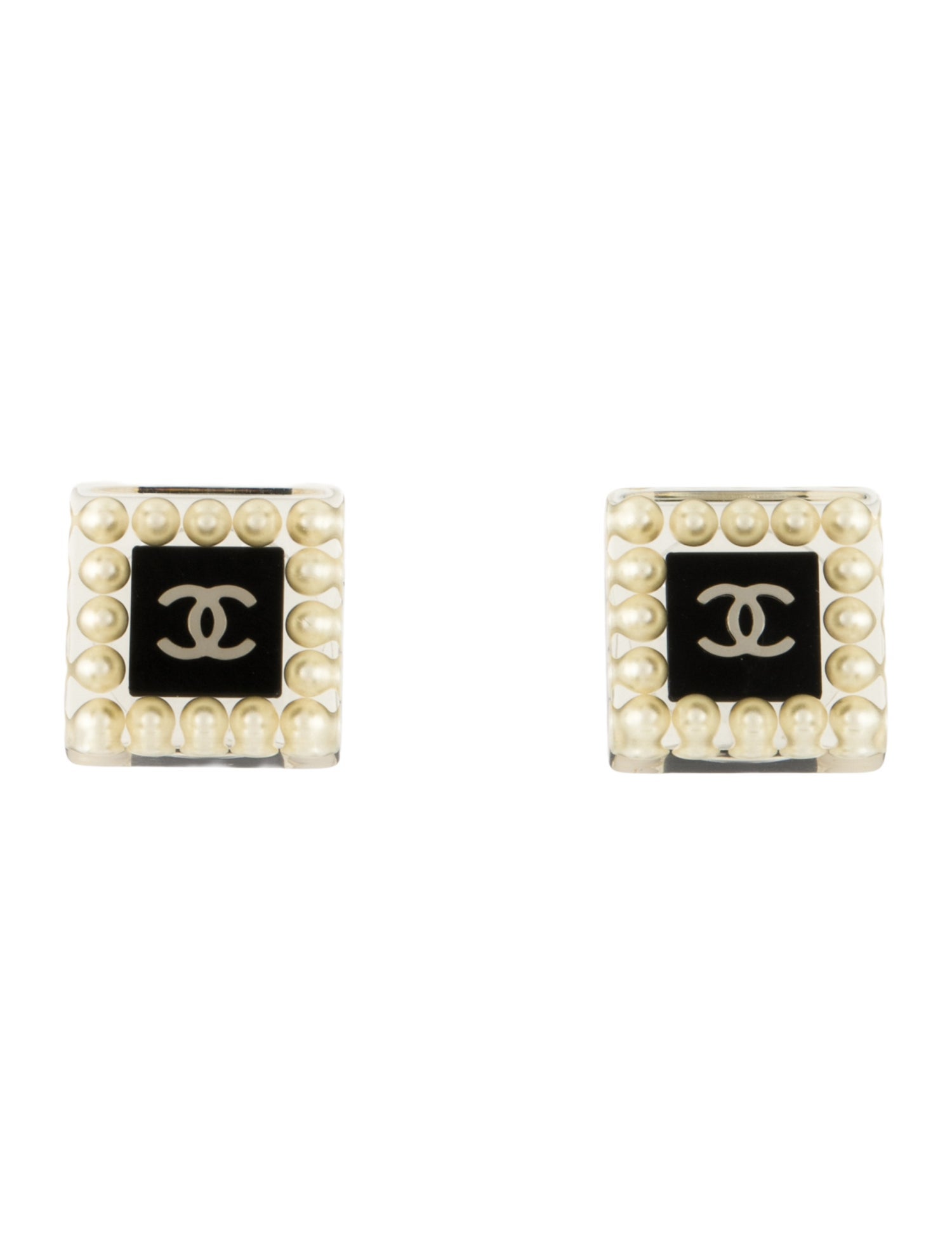 Chanel Faux Pearl & Resin CC Square Stud Earrings