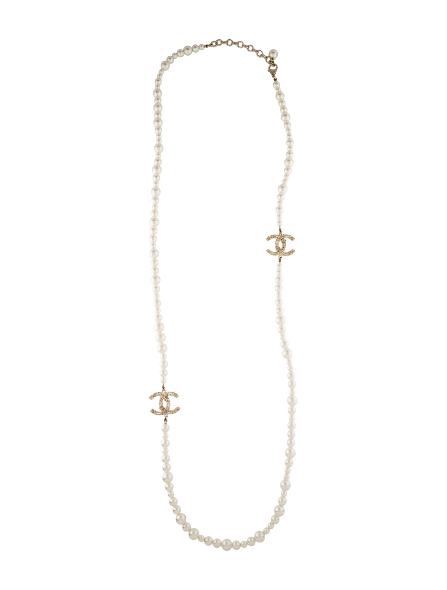 Chanel 2022 Faux Pearl & Strass CC Logo Long Necklace