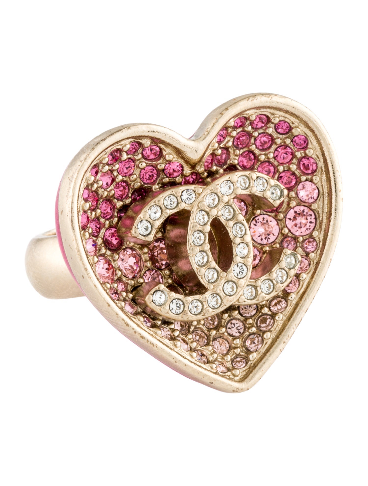 Chanel 2023 Strass & Enamel CC Heart Cocktail Ring