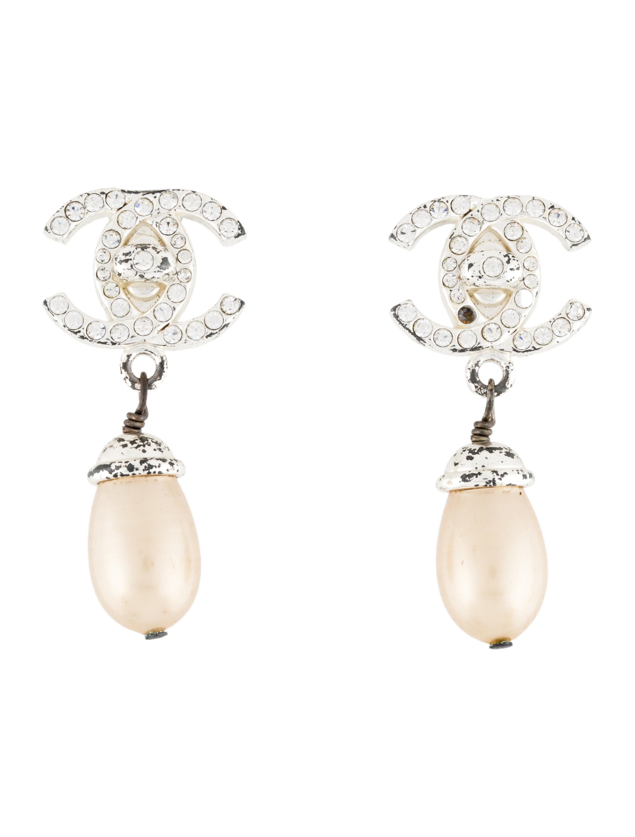 Chanel Vintage Faux Pearl & Strass CC Turnlock Clip-On Earrings