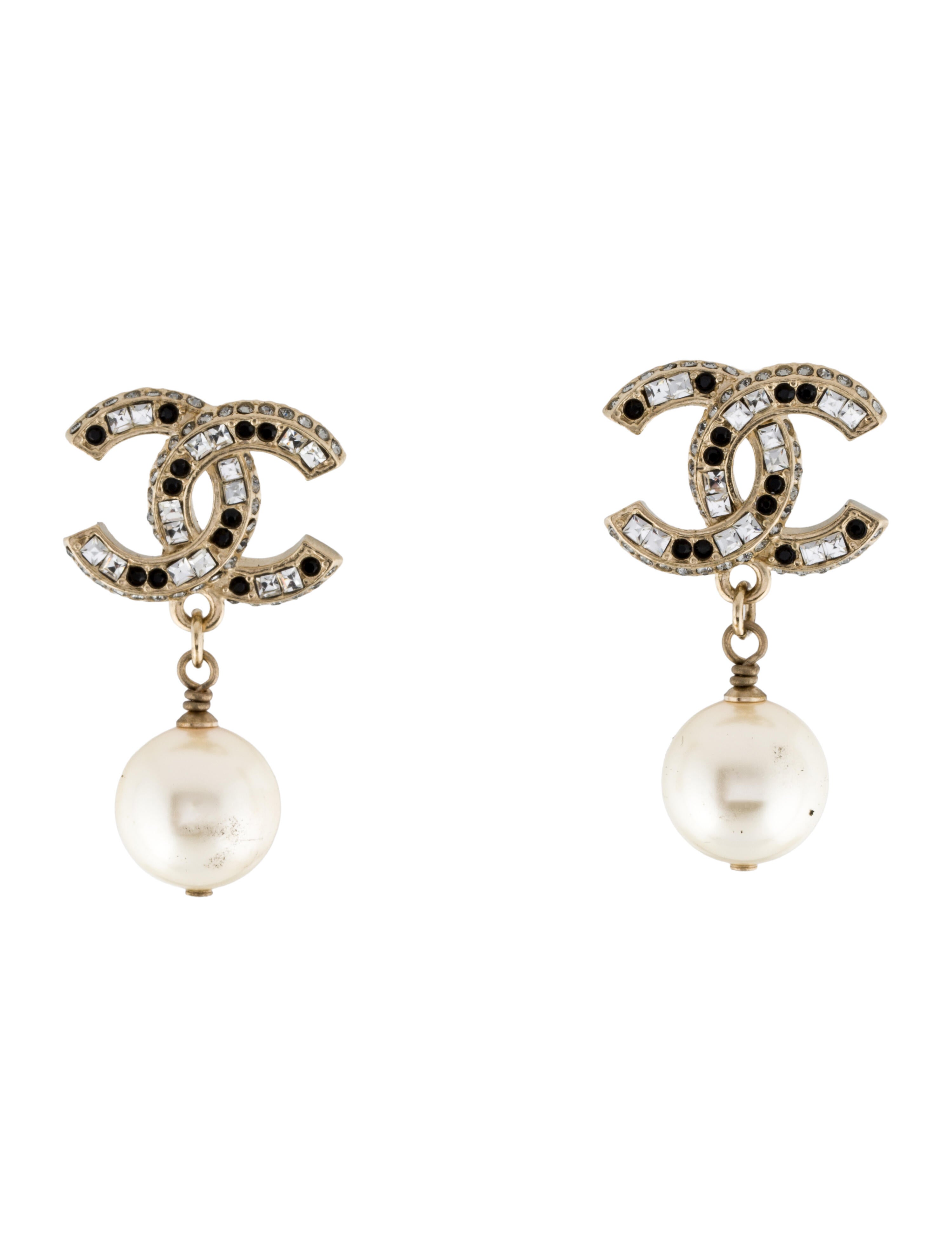 Chanel Faux Pearl & Strass CC Drop Earrings