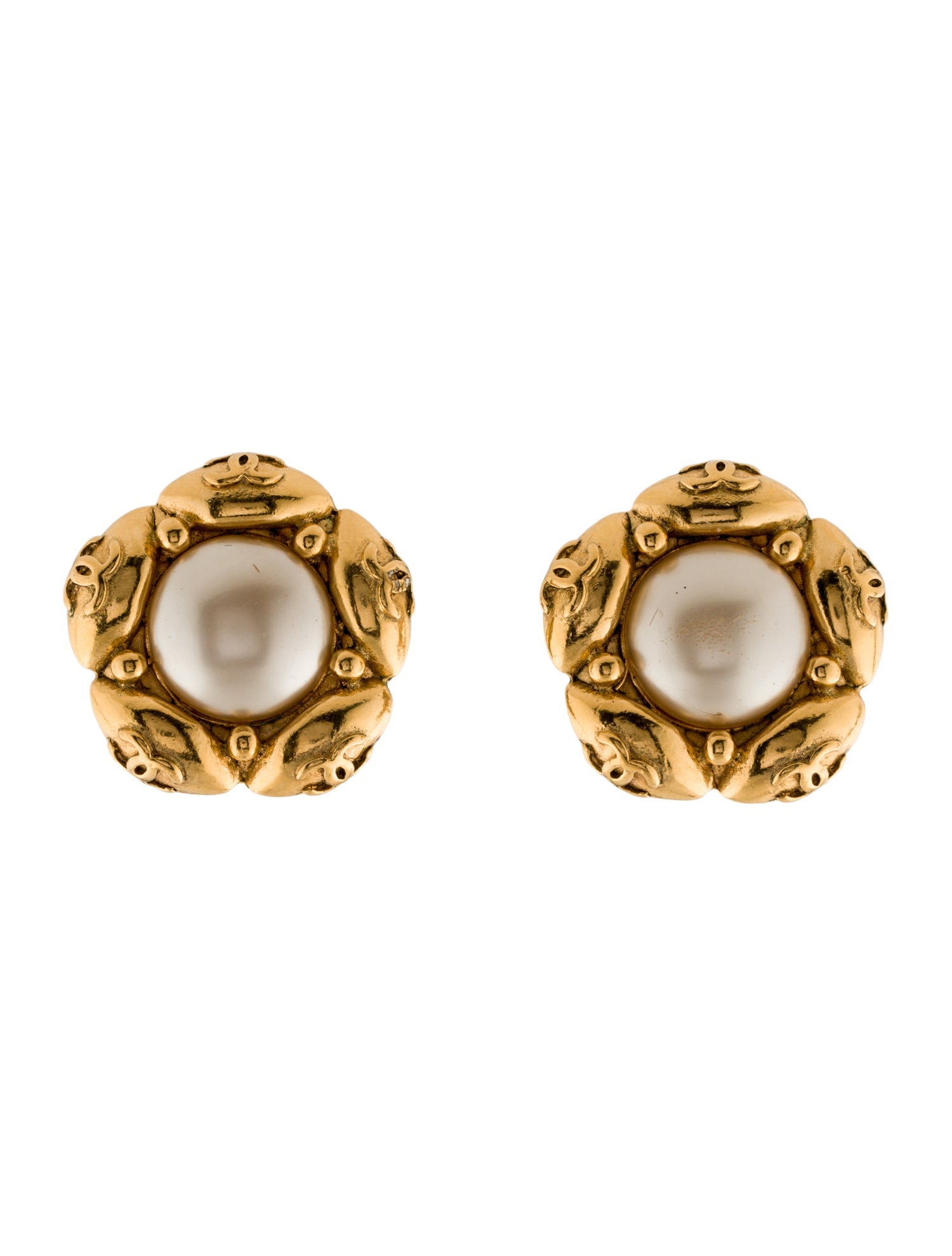 Chanel Vintage Faux Pearl CC Flower Clip-On Earrings