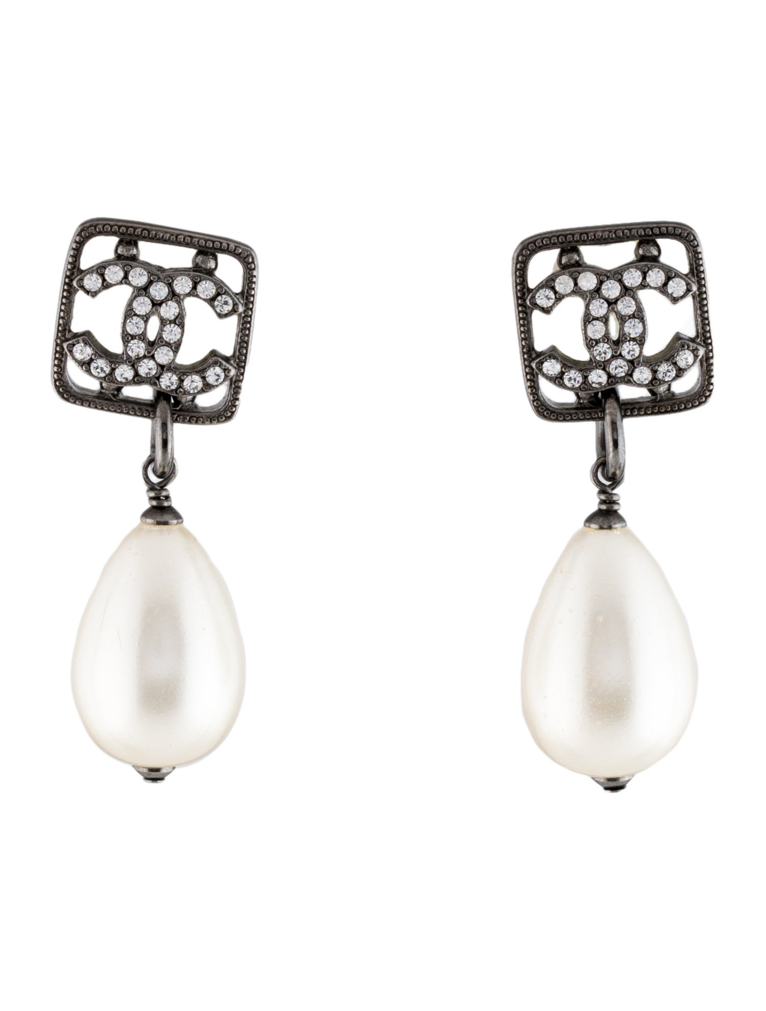 Chanel Faux Pearl & Strass CC Drop Earrings