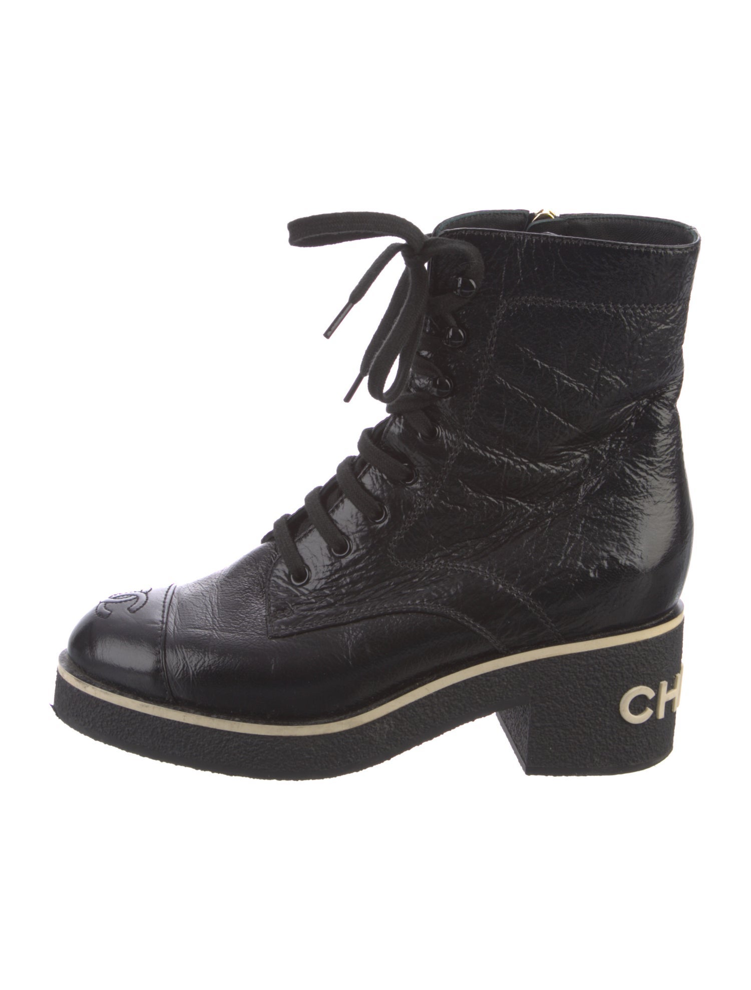 Chanel Leather Graphic Print Combat Boots