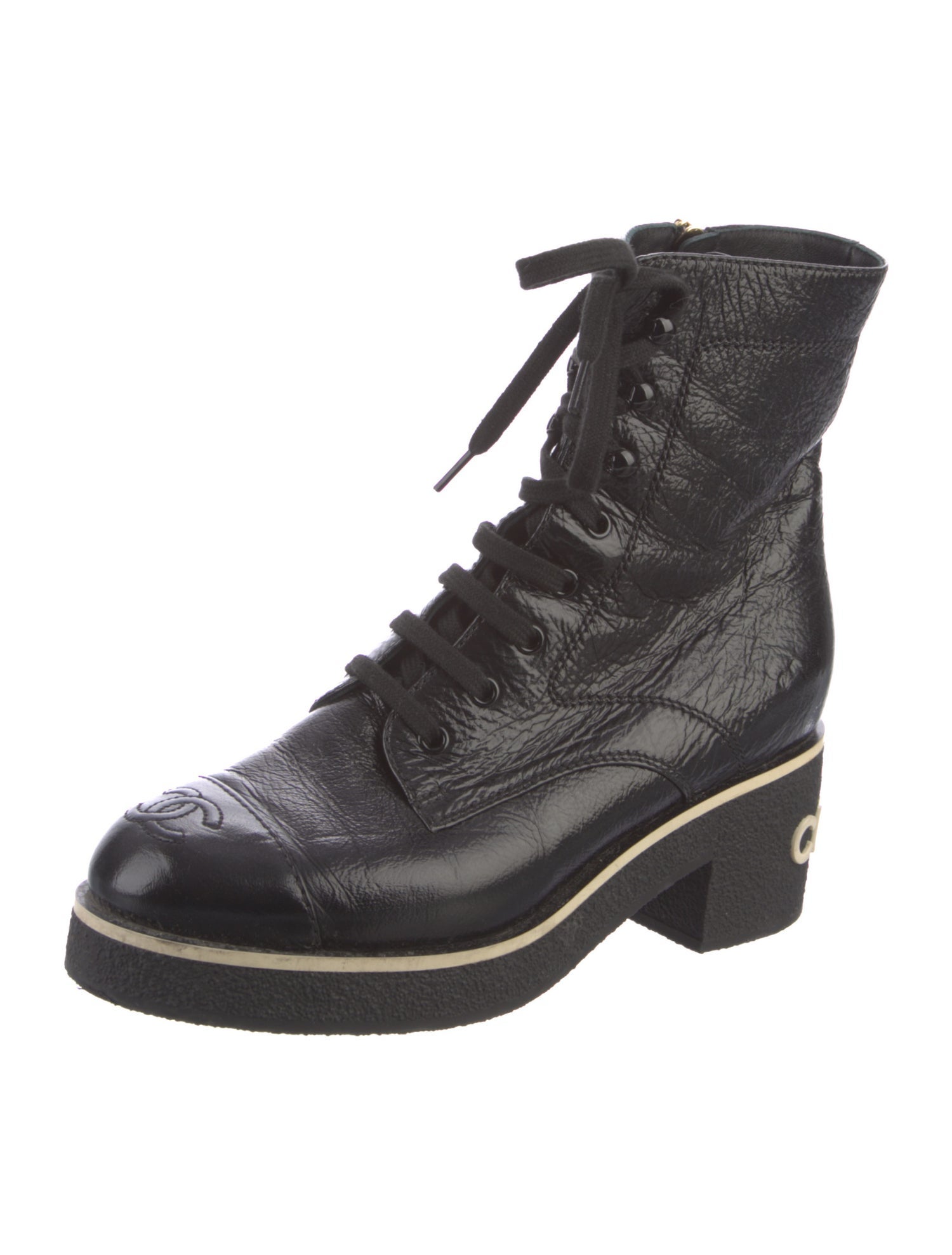Chanel Leather Graphic Print Combat Boots