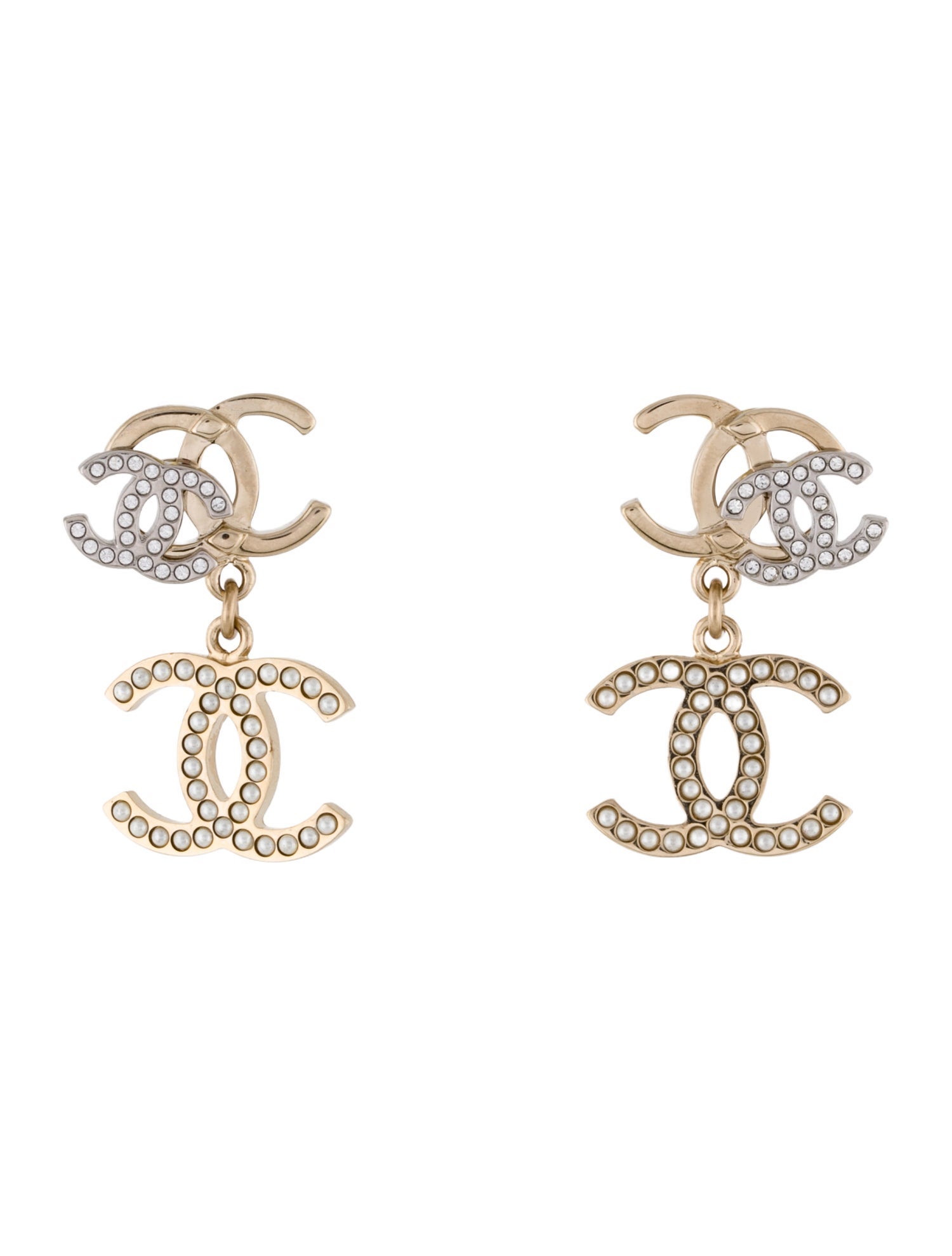 Chanel 2022 Faux Pearl & Strass CC Drop Earrings