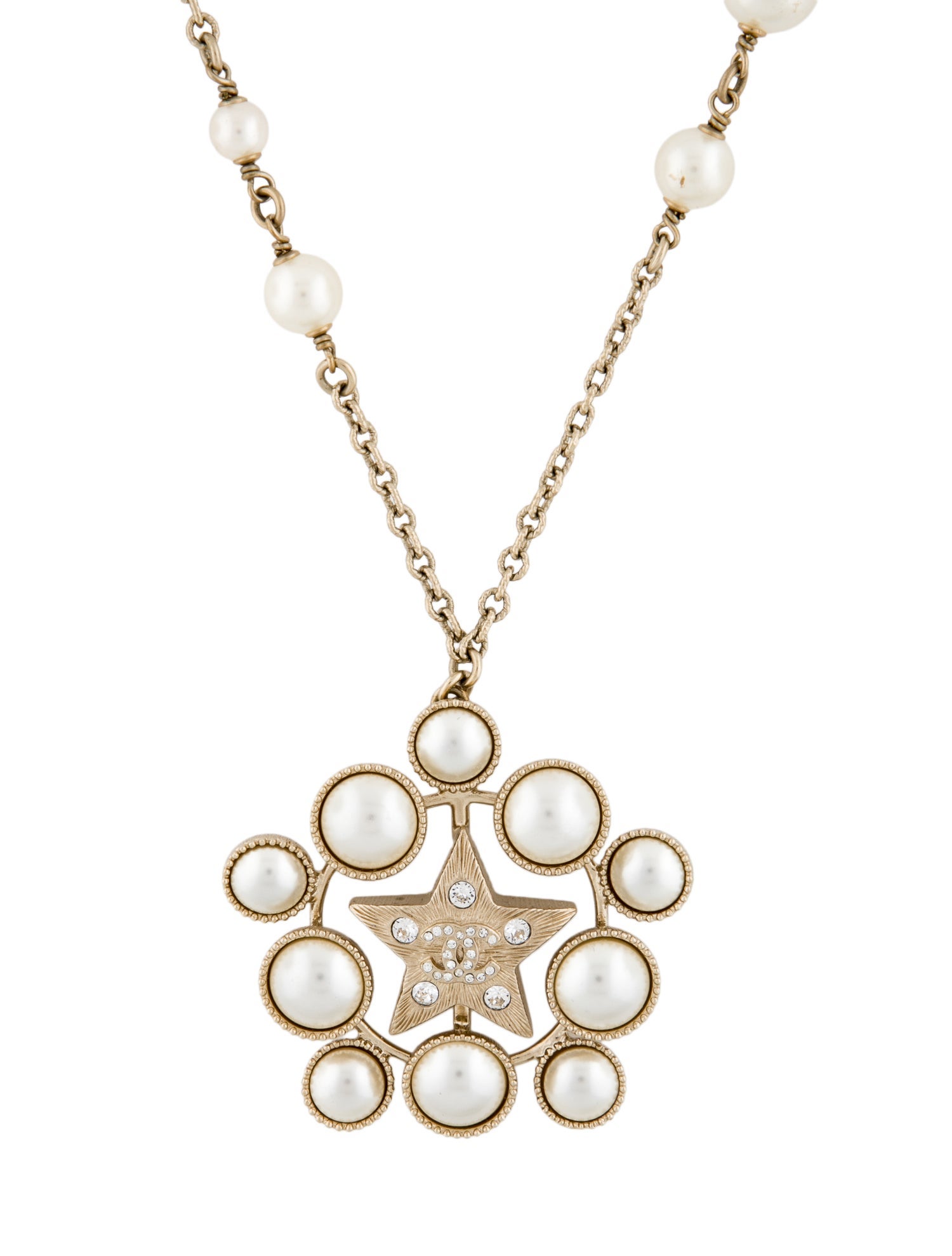 Chanel 2019 Faux Pearl & Strass CC Star Pendant Necklace