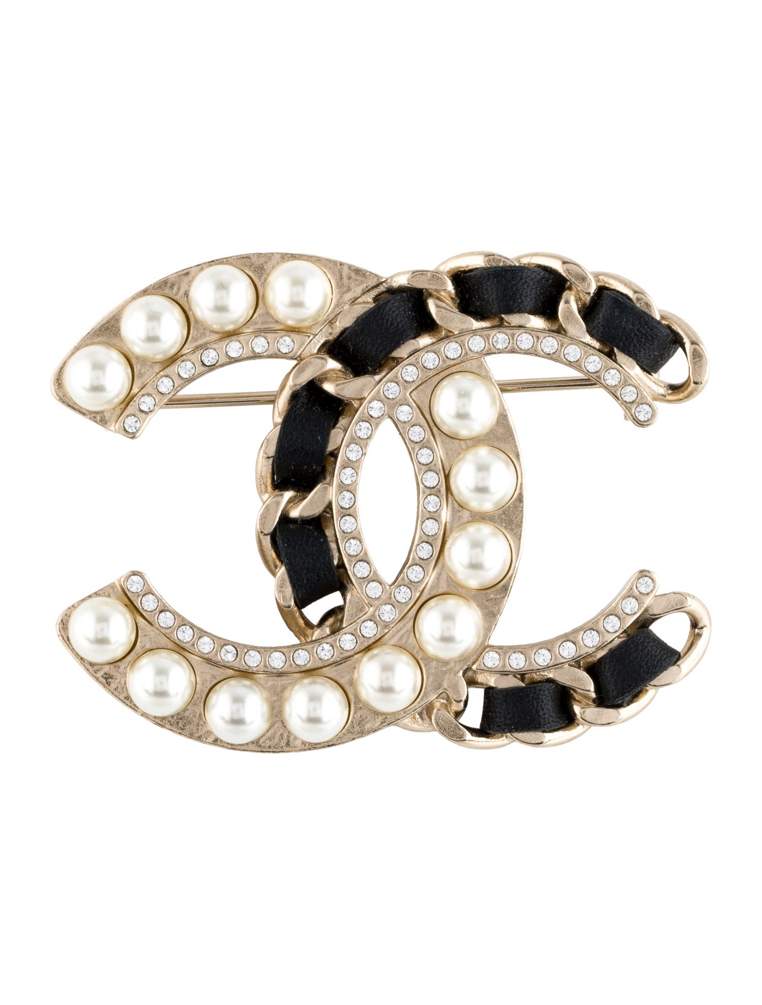 Chanel Faux Pearl, Strass, & Leather CC Brooch
