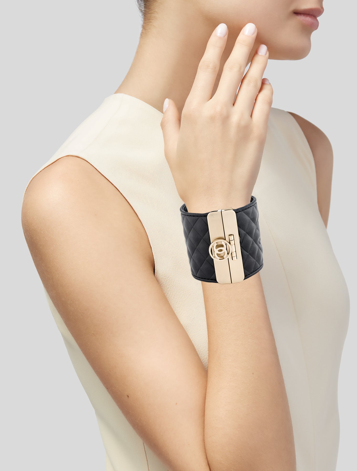 Chanel Leather Quilted CC Cuff Bangle Bracelet