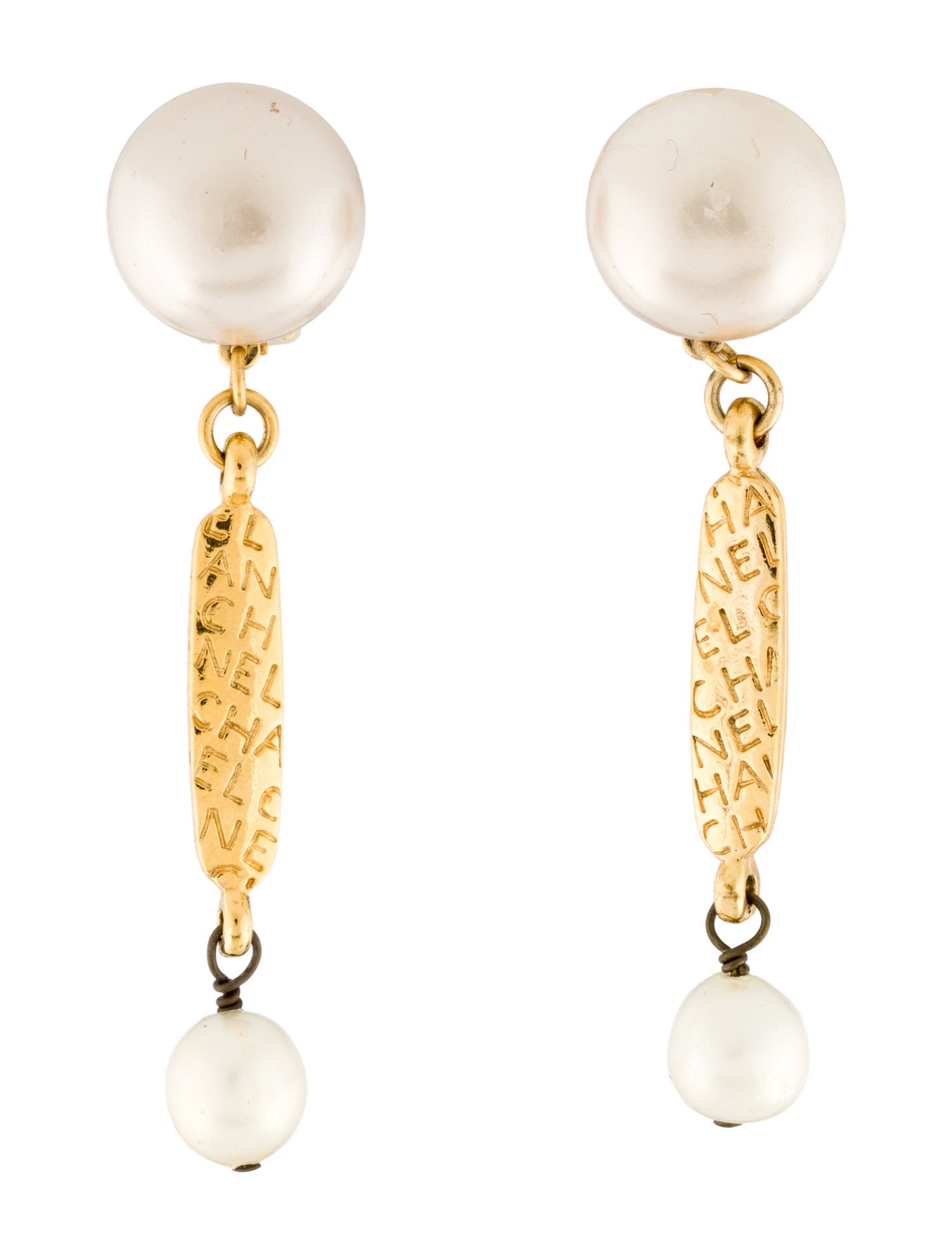 Chanel Vintage Faux Pearl Logo Clip-On Drop Earrings