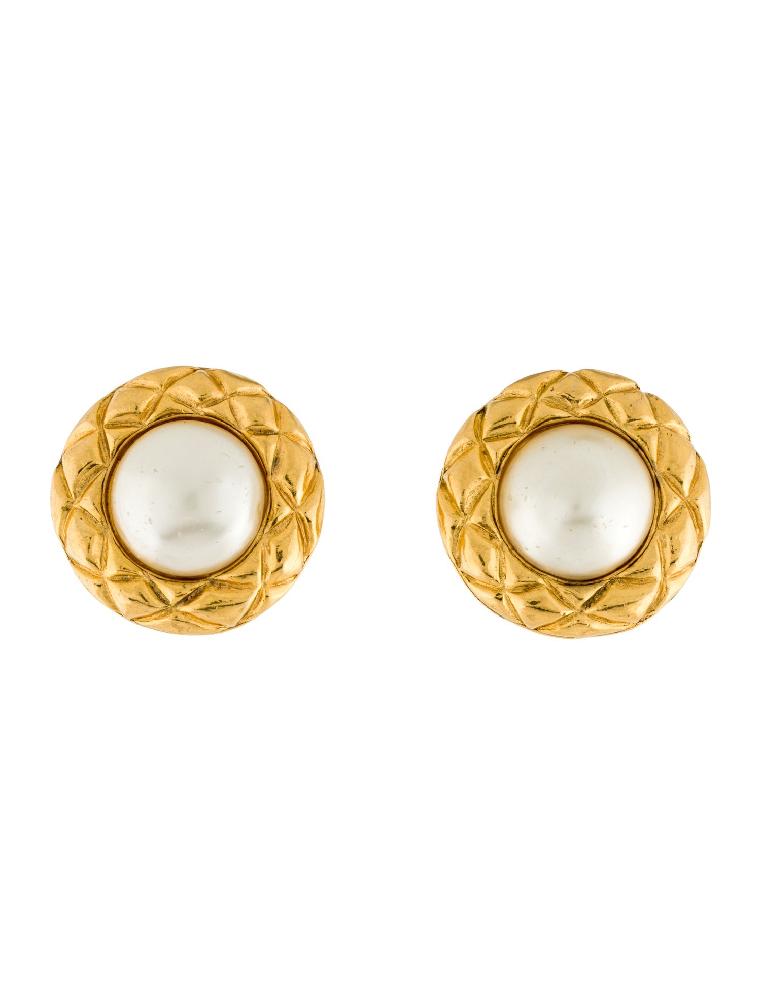 Chanel Vintage Faux Pearl Quilted Clip-On Earrings