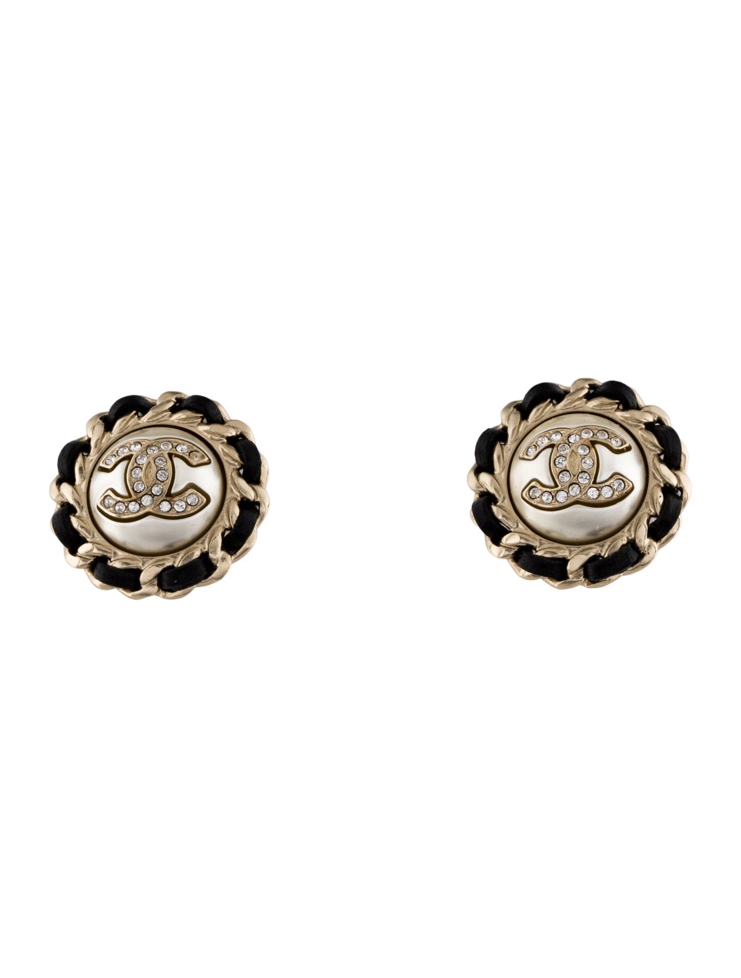 Chanel 2021 Faux Pearl, Strass & Leather CC Stud Earrings