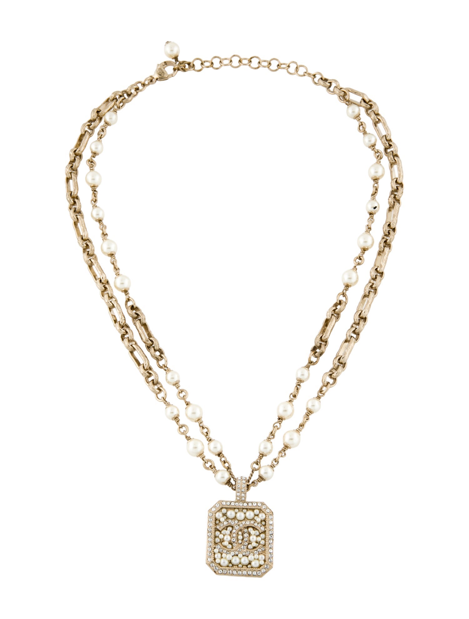 Chanel Faux Pearl & Strass CC Double Strand Pendant Necklace