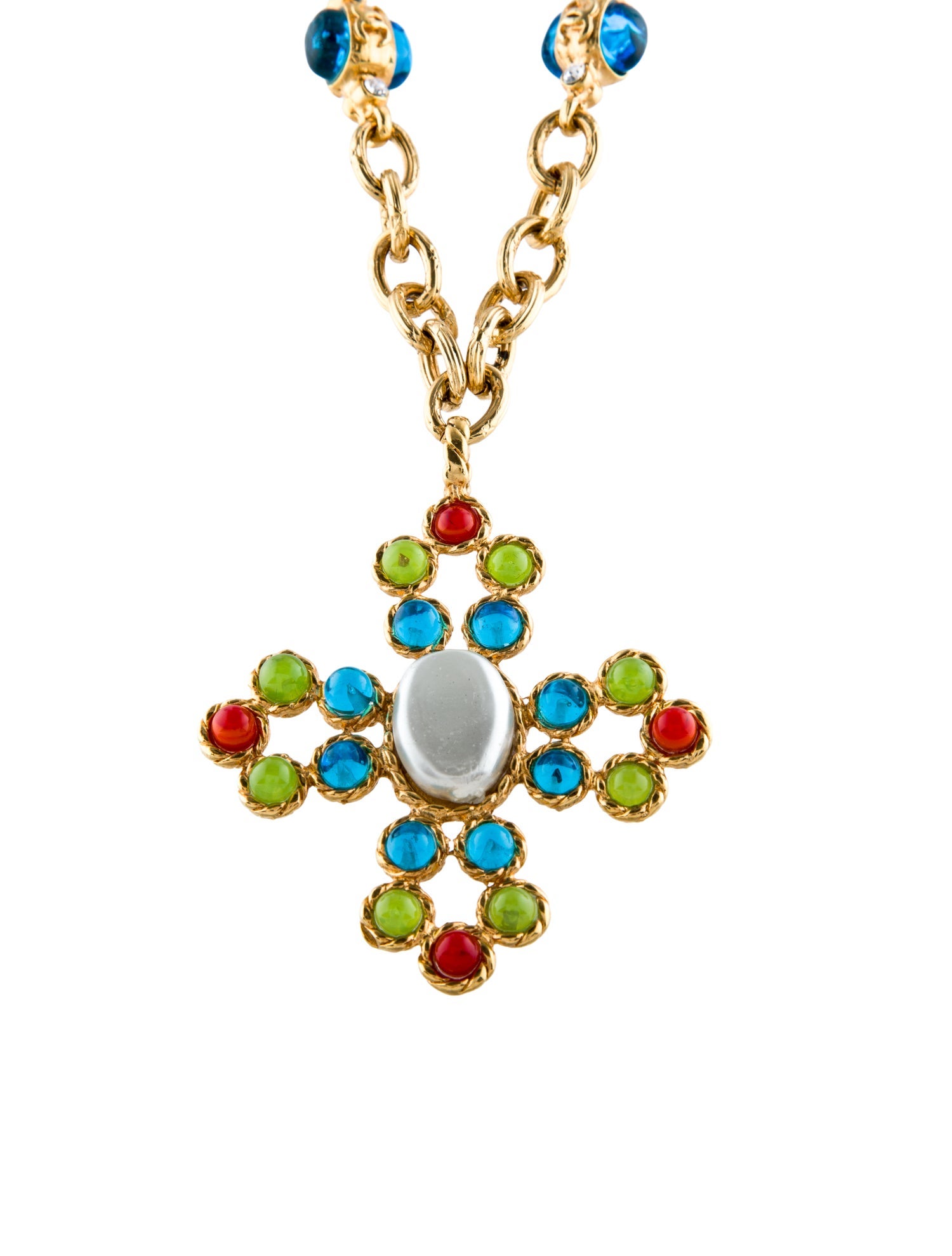 Chanel Vintage Faux Pearl, Gripoix, Resin & Strass Cross Pendant Necklace