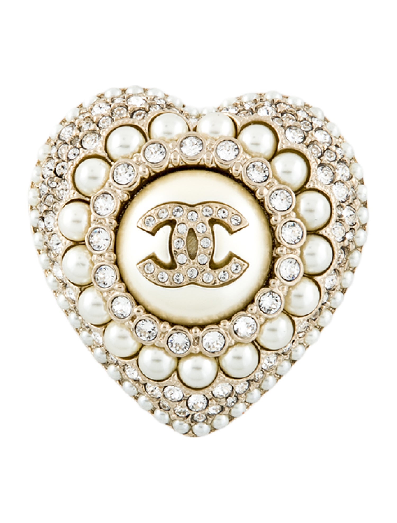 Chanel 2022 Faux Pearl & Strass Heart CC Brooch