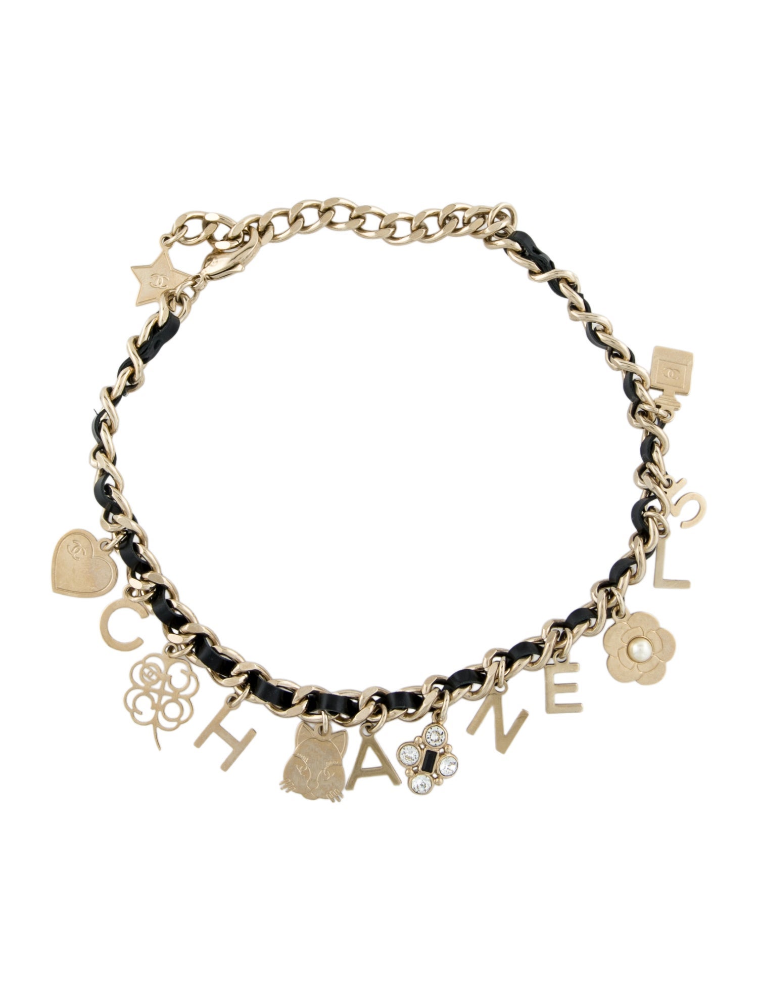 Chanel Faux Pearl, Strass & Leather Logo Choker Necklace