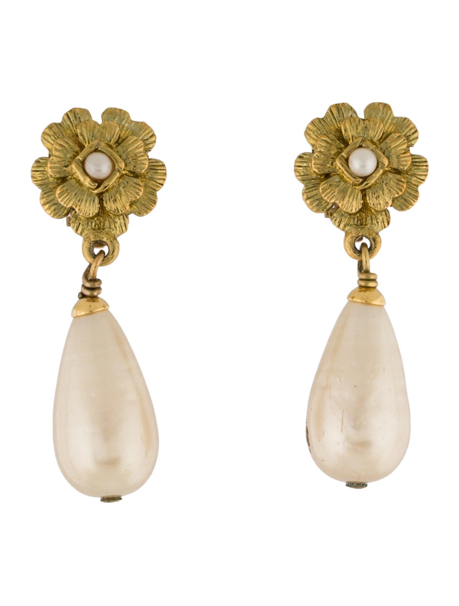Chanel Vintage Faux Pearl Camellia Clip-On Drop Earrings