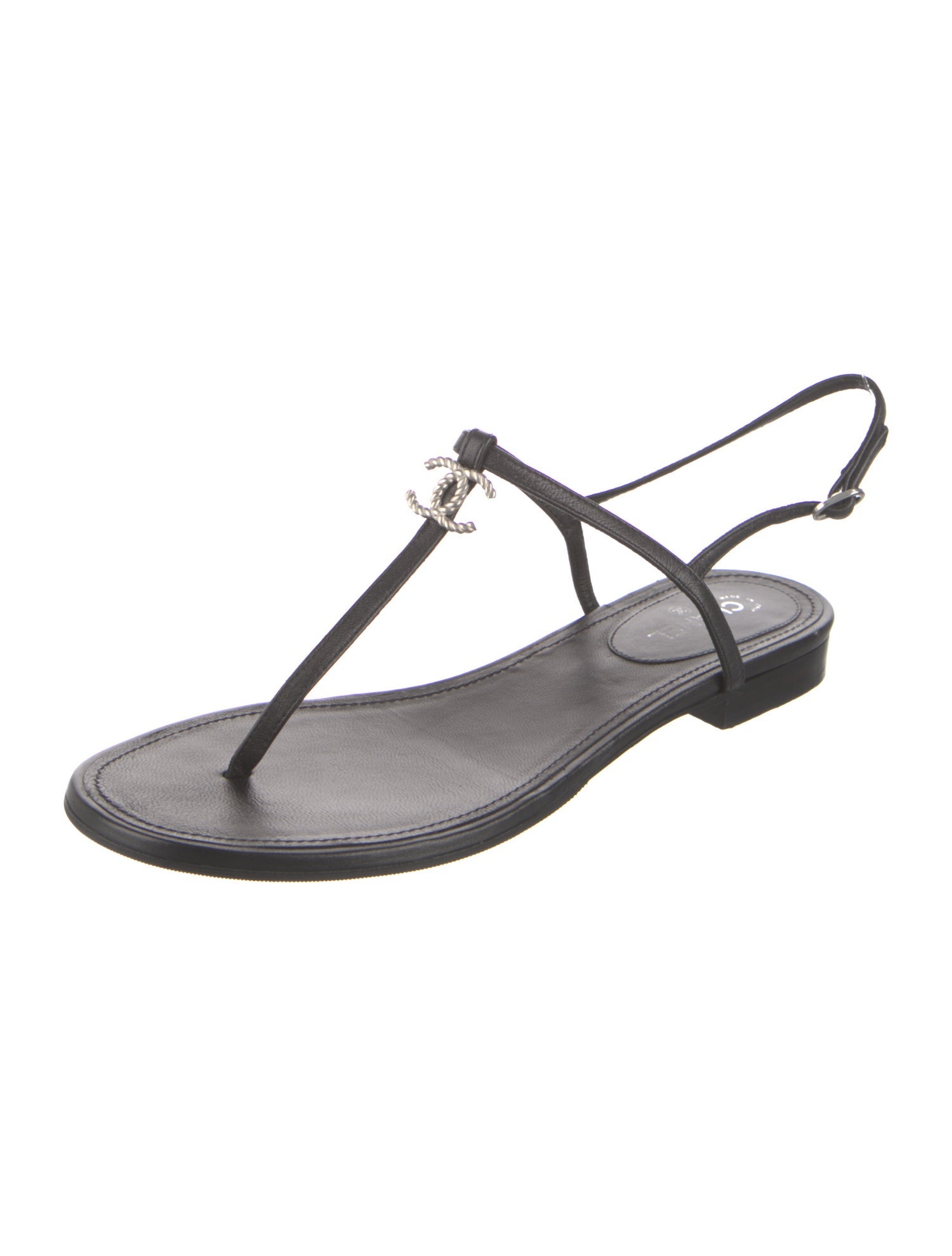 Chanel Interlocking CC Logo Leather T-Strap Sandals