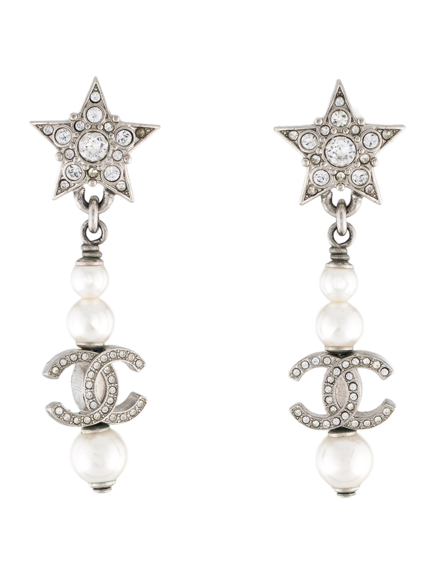 Chanel Faux Pearl & Strass CC Star Drop Earrings