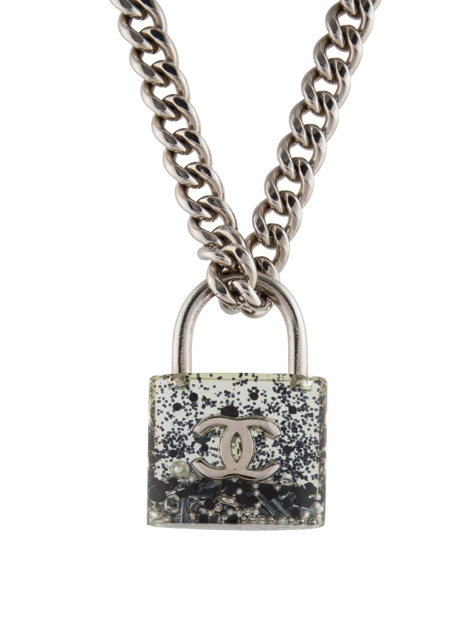 Chanel Faux Pearl & Resin CC Padlock Pendant Necklace