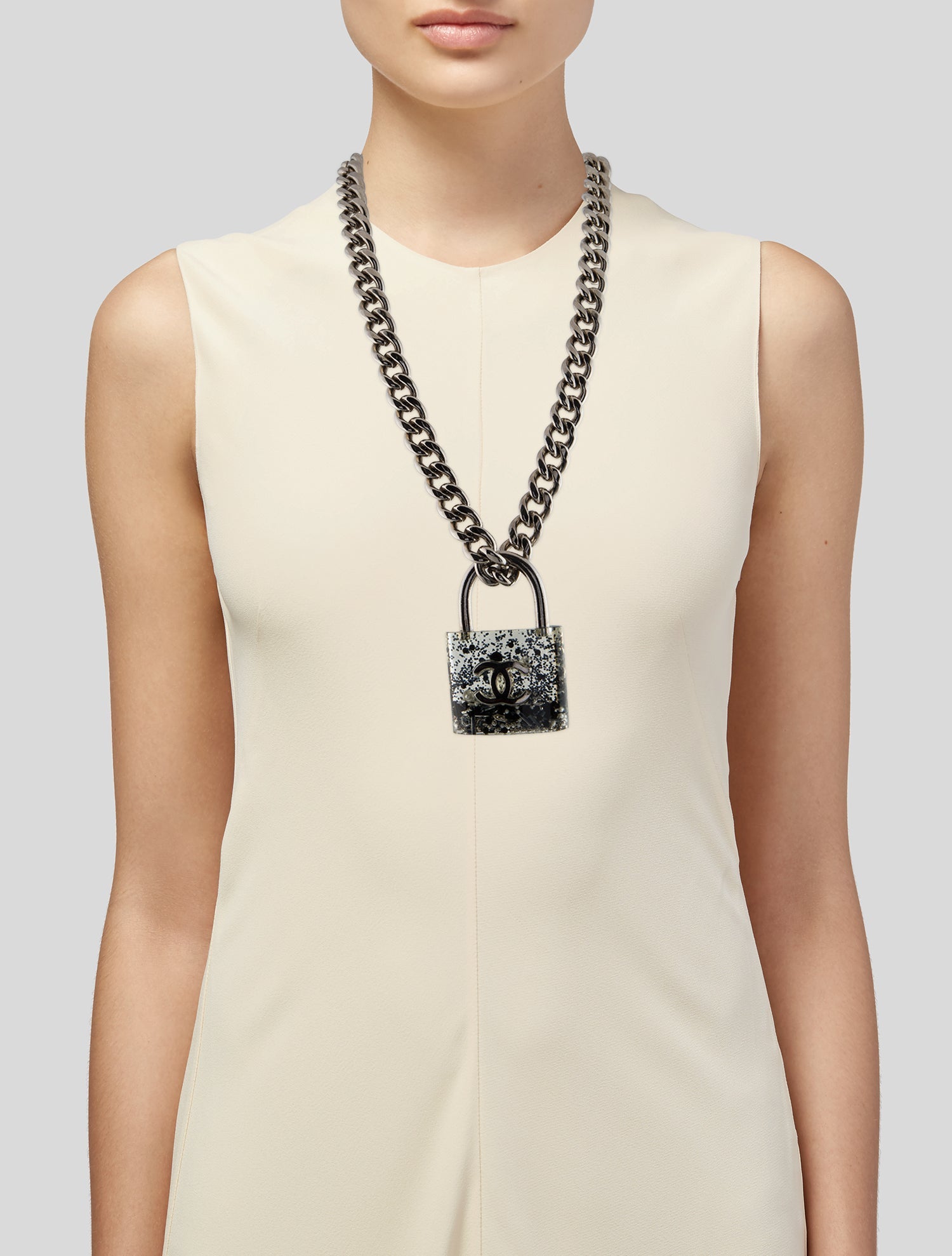 Chanel Faux Pearl & Resin CC Padlock Pendant Necklace