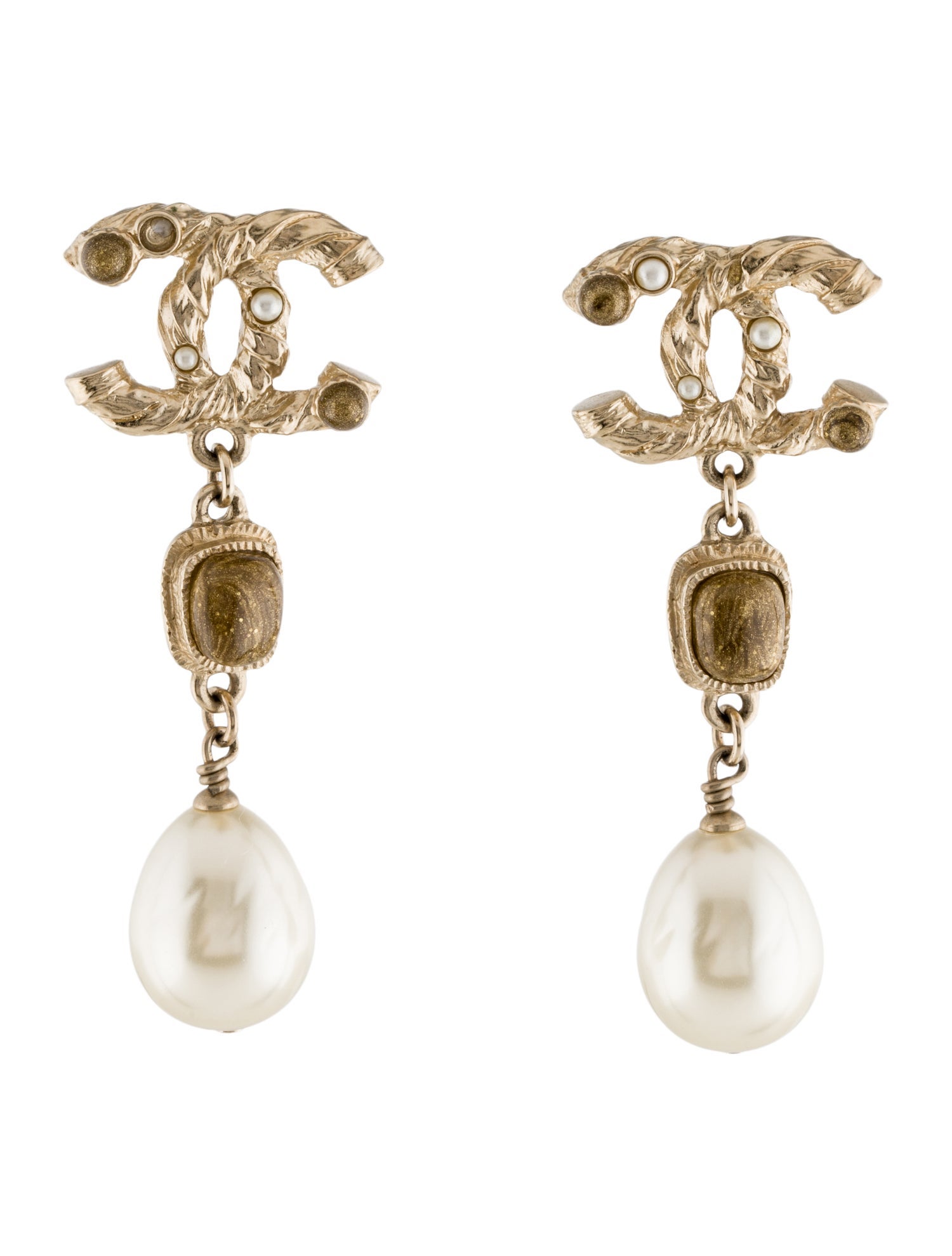 Chanel Faux Pearl & Resin CC Drop Earrings