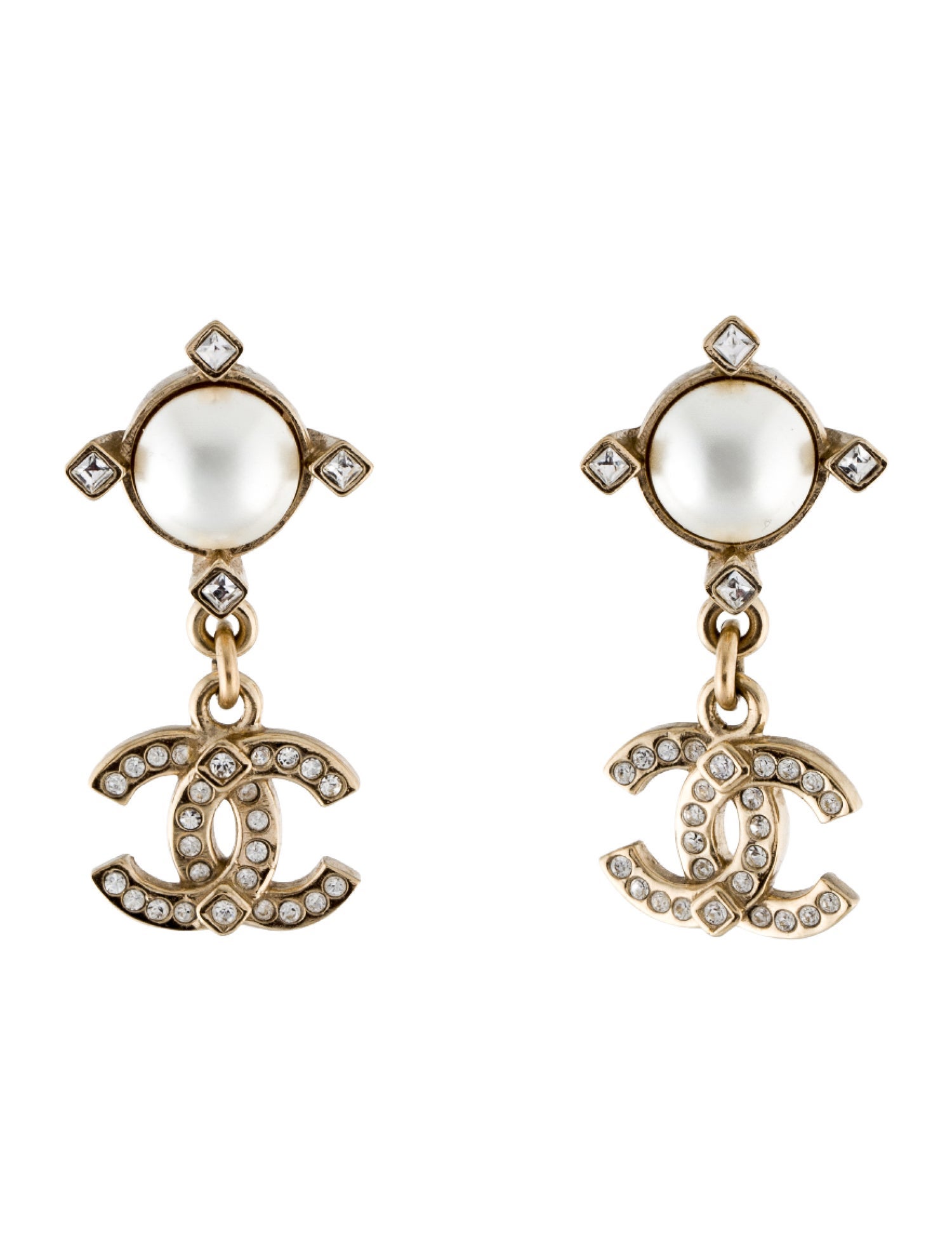 Chanel Faux Pearl & Strass CC Drop Earrings