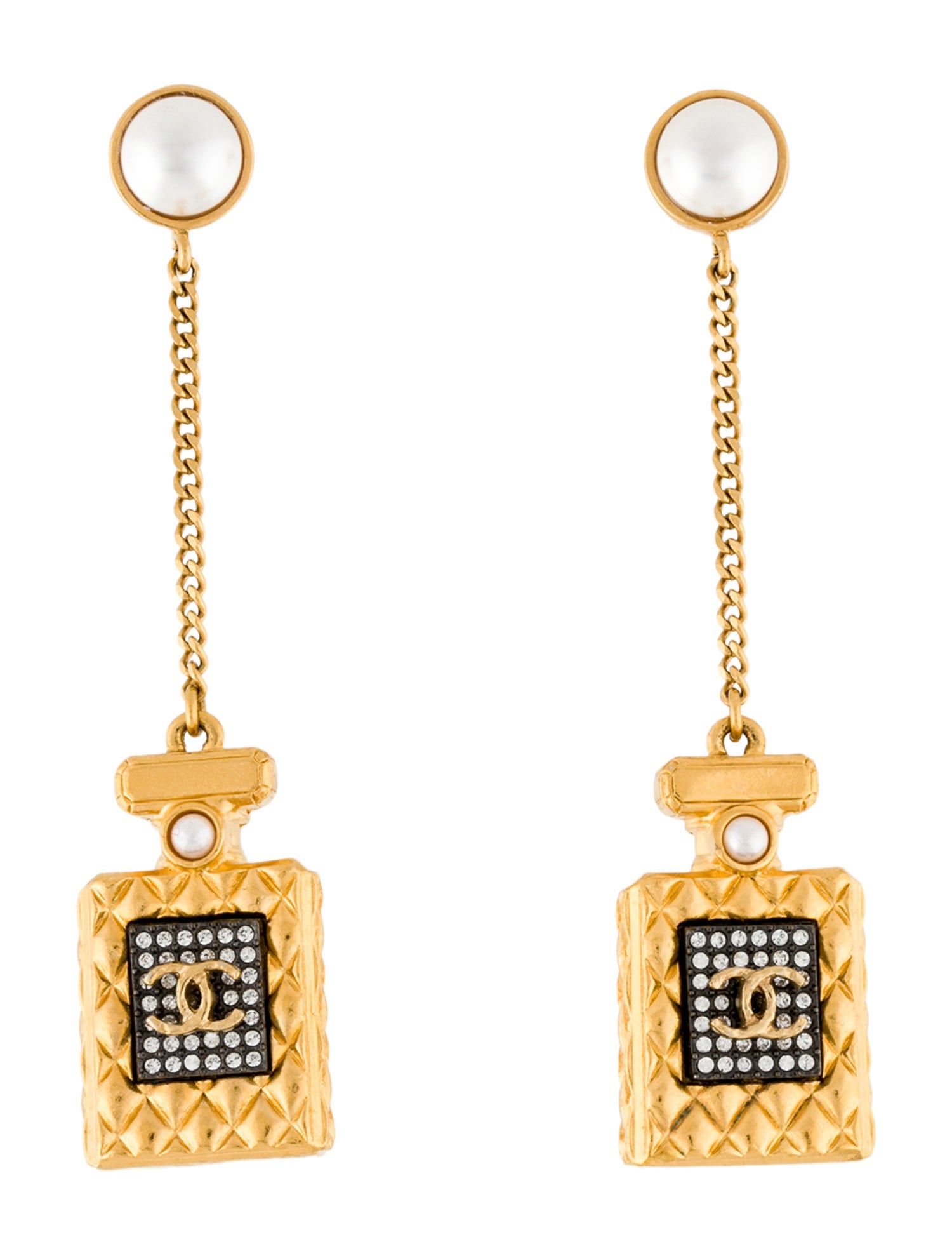 Chanel 2021 Faux Pearl & Strass Perfume Bottle Drop Earrings
